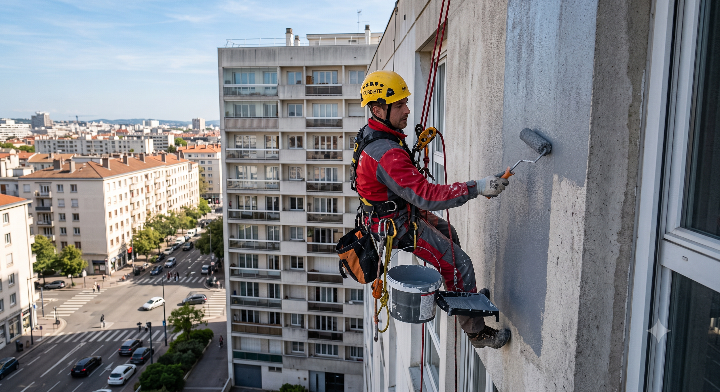 Un travailleur en hauteur, portant un casque jaune avec inscription, peint la façade d'un bâtiment avec un rouleau à peinture, suspendu par un système d'attache. La ville avec des immeubles résidentiels et des rues est visible en arrière-plan.
