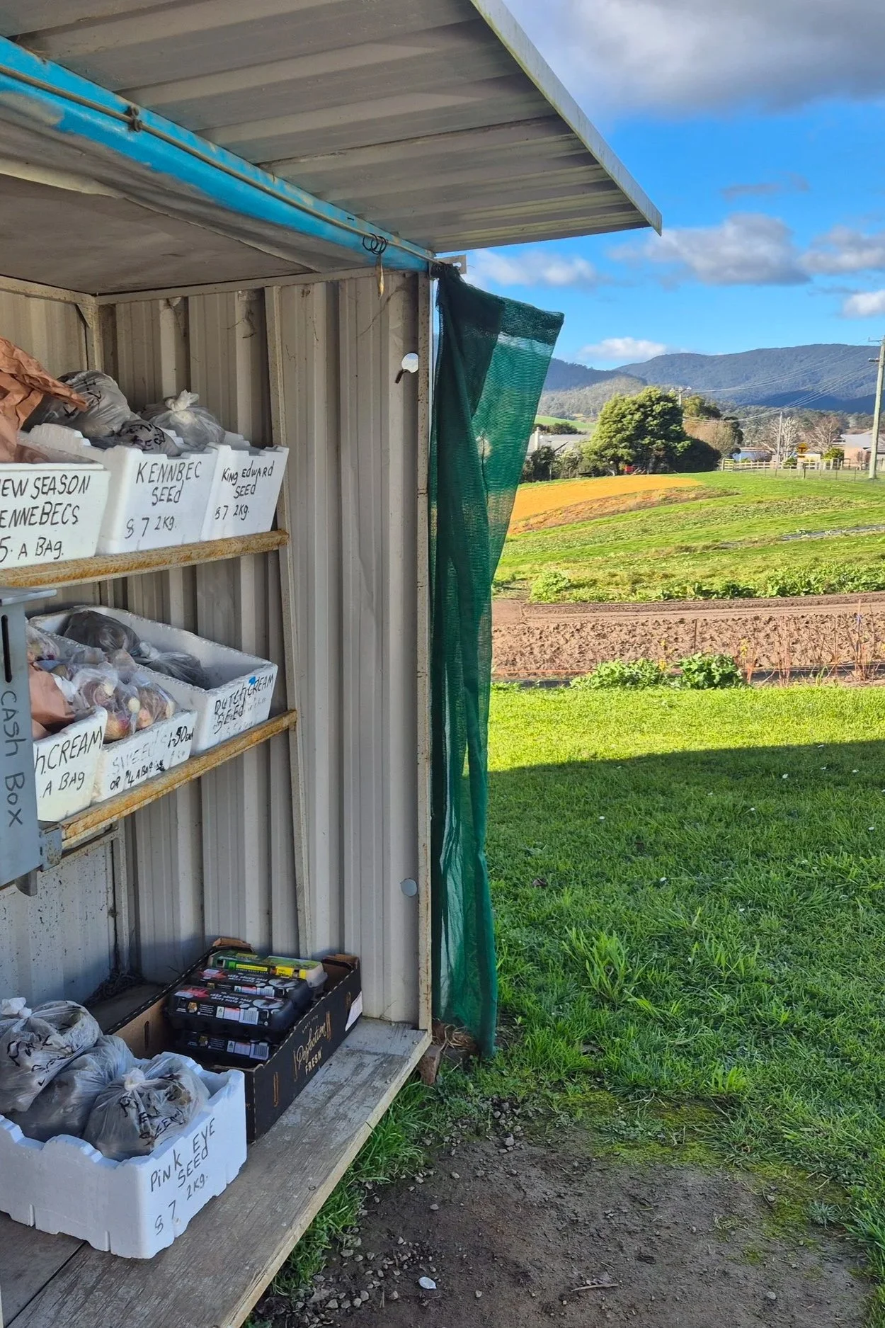 Tasmanian farm stand, selling varieties of potatoes, overlooking a rural landscape with fields, trees, and mountains in the background under a partly cloudy sky.