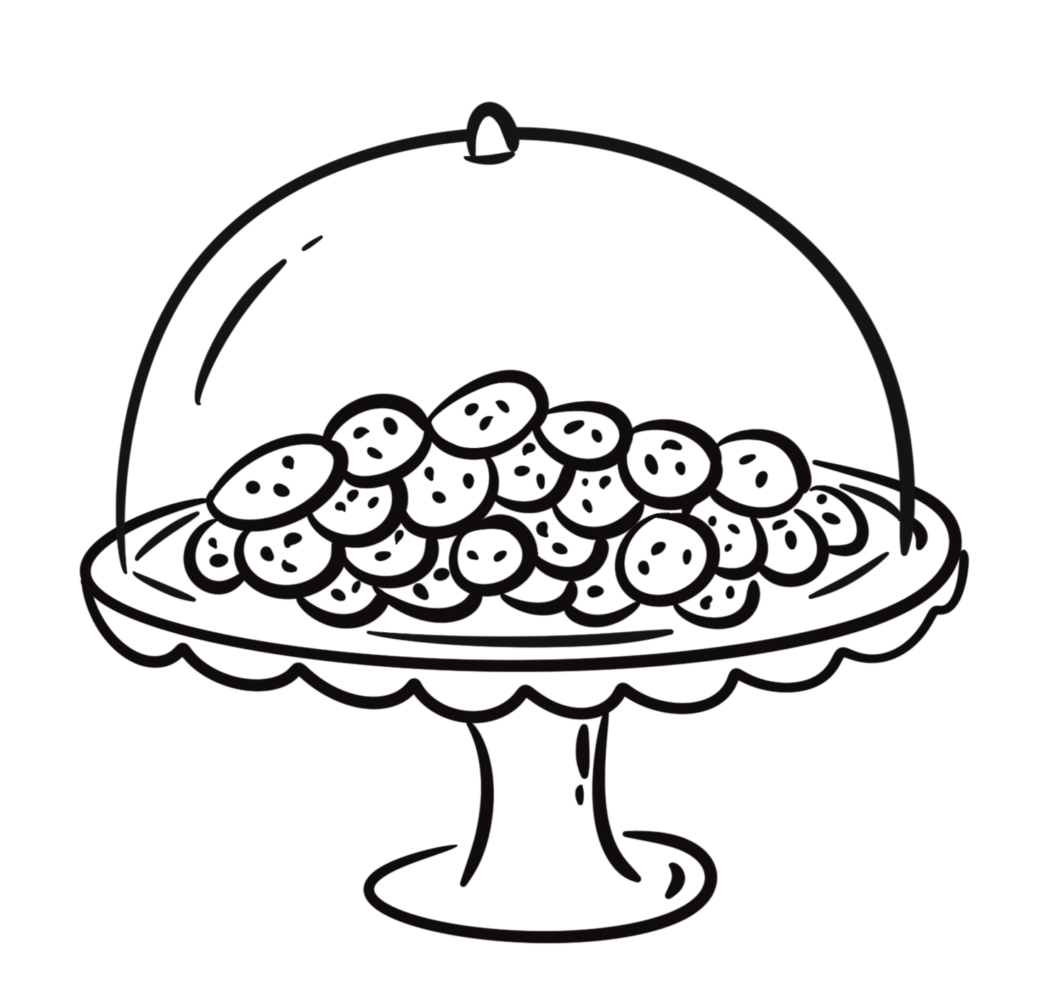 Black and white line drawing of a serving dish filled with blueberries under a glass dome with a handle on top, supported by a decorative stand.