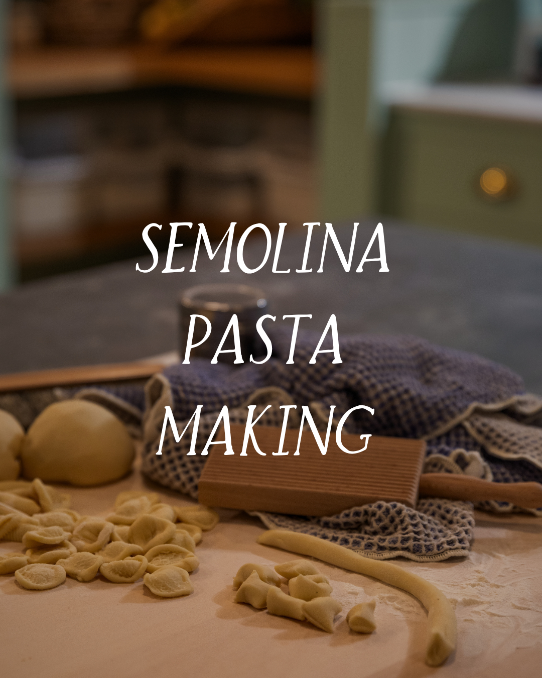 Preparation of semolina pasta with dough, rolling pin, and pasta on a kitchen counter.