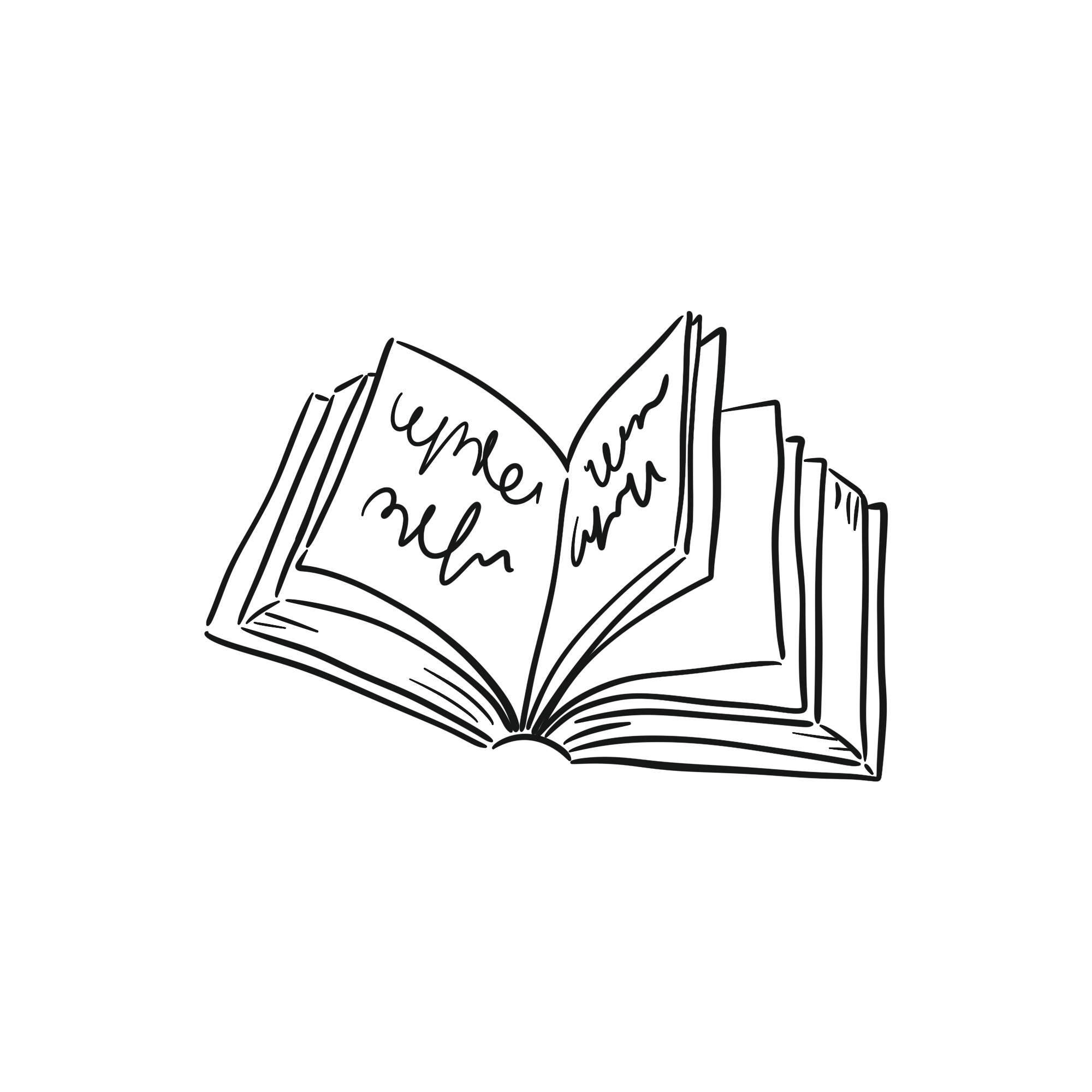 Line drawing of an open book with handwritten notes and labels.