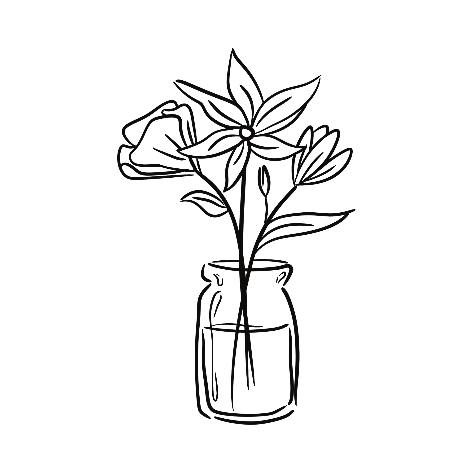 Outline drawing of a flower in a pot with surrounding foliage.