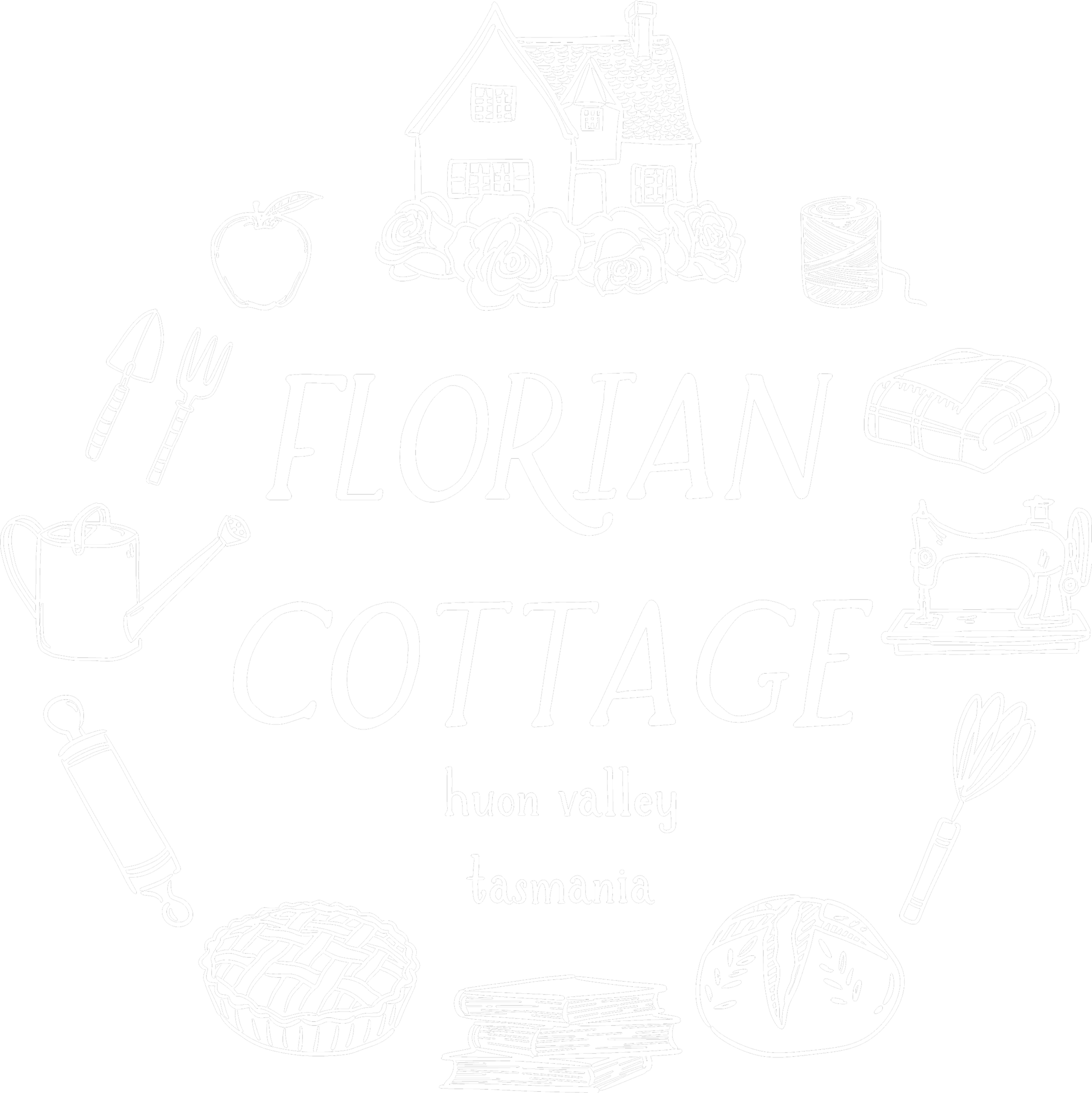 Chalkboard illustration with the words "FLORIAN" and "huon valley tasmania" surrounded by drawings of a house, rose flowers, sewing spool, yarn, scissors, knitting basket, books, and sewing machine.