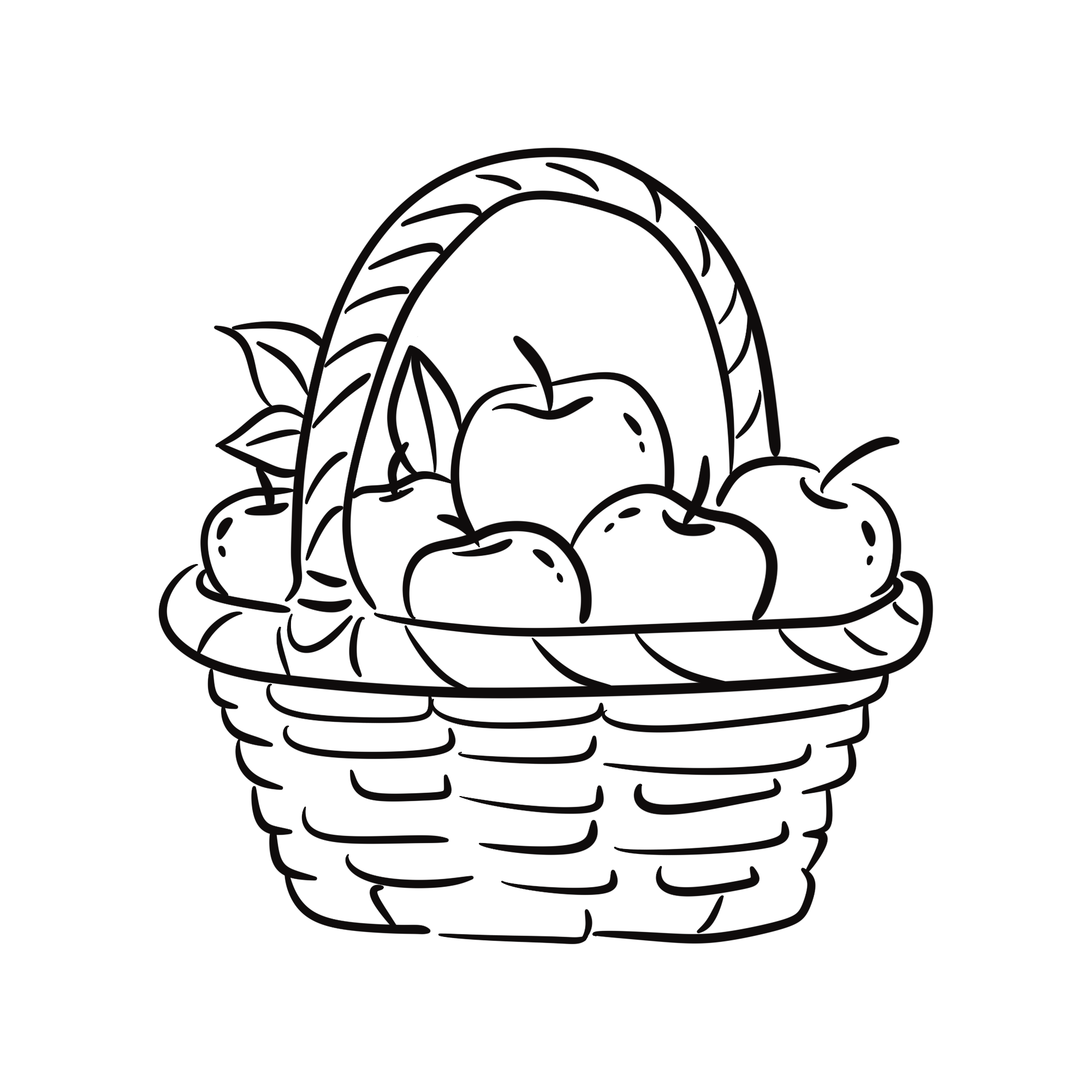 A black-and-white line drawing of a basket filled with various flowers and leaves.