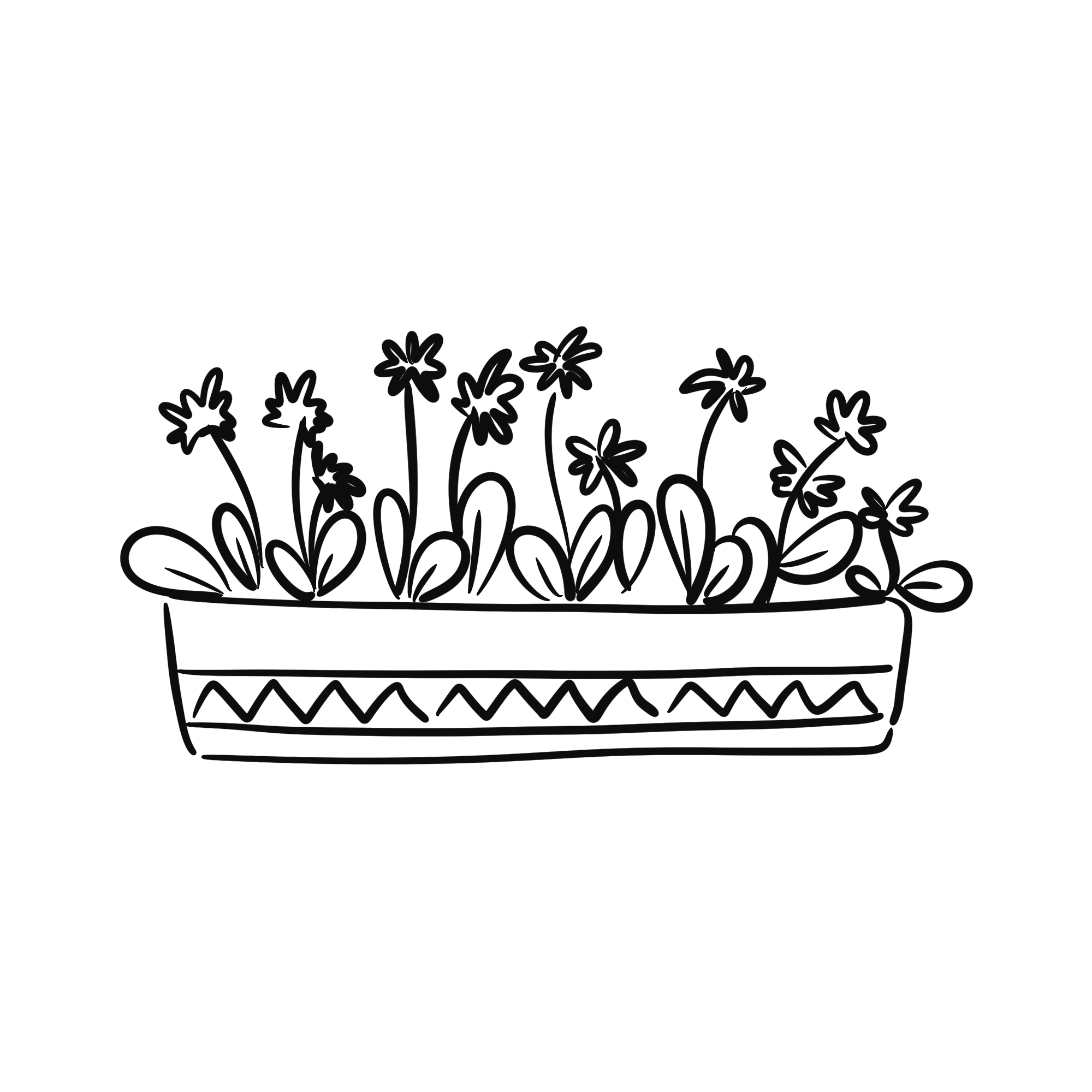 Outline of a flower pot filled with flowers.