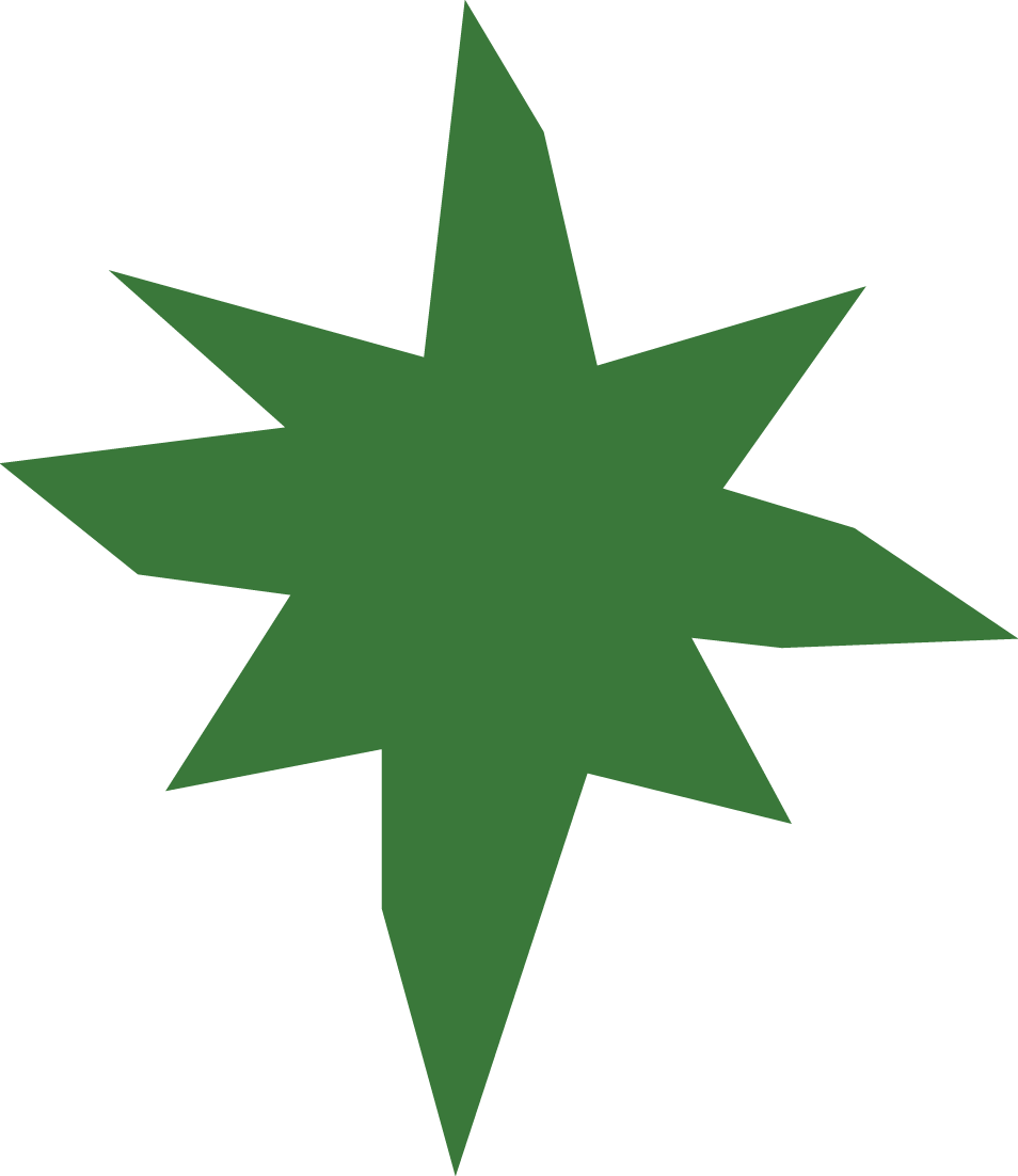 A black background with a large green star burst shape in the center.