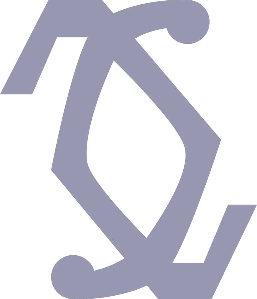 A stylized abstract geometric logo with interlocking shapes and circles in a gray color on a transparent background.