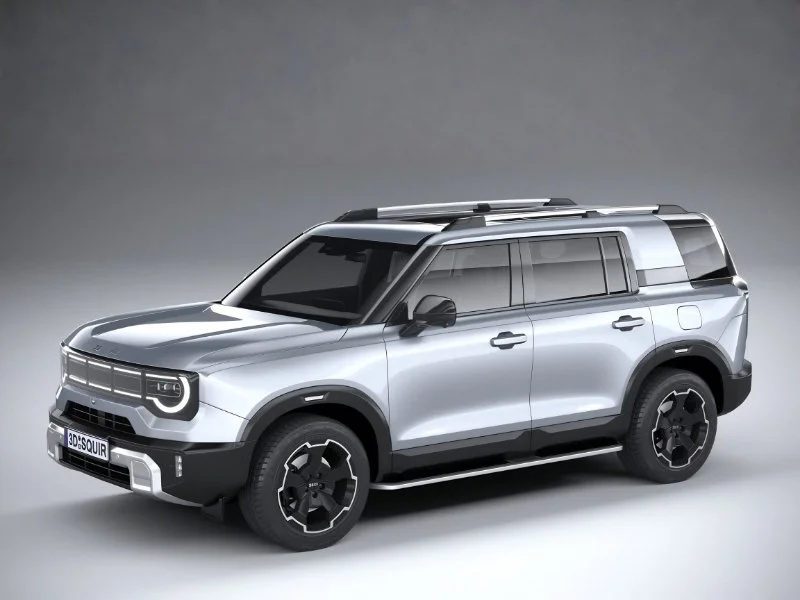 Ein silberner, moderner SUV mit schwarzen Akzenten und innovativem Design in einer neutralen Umgebung.
