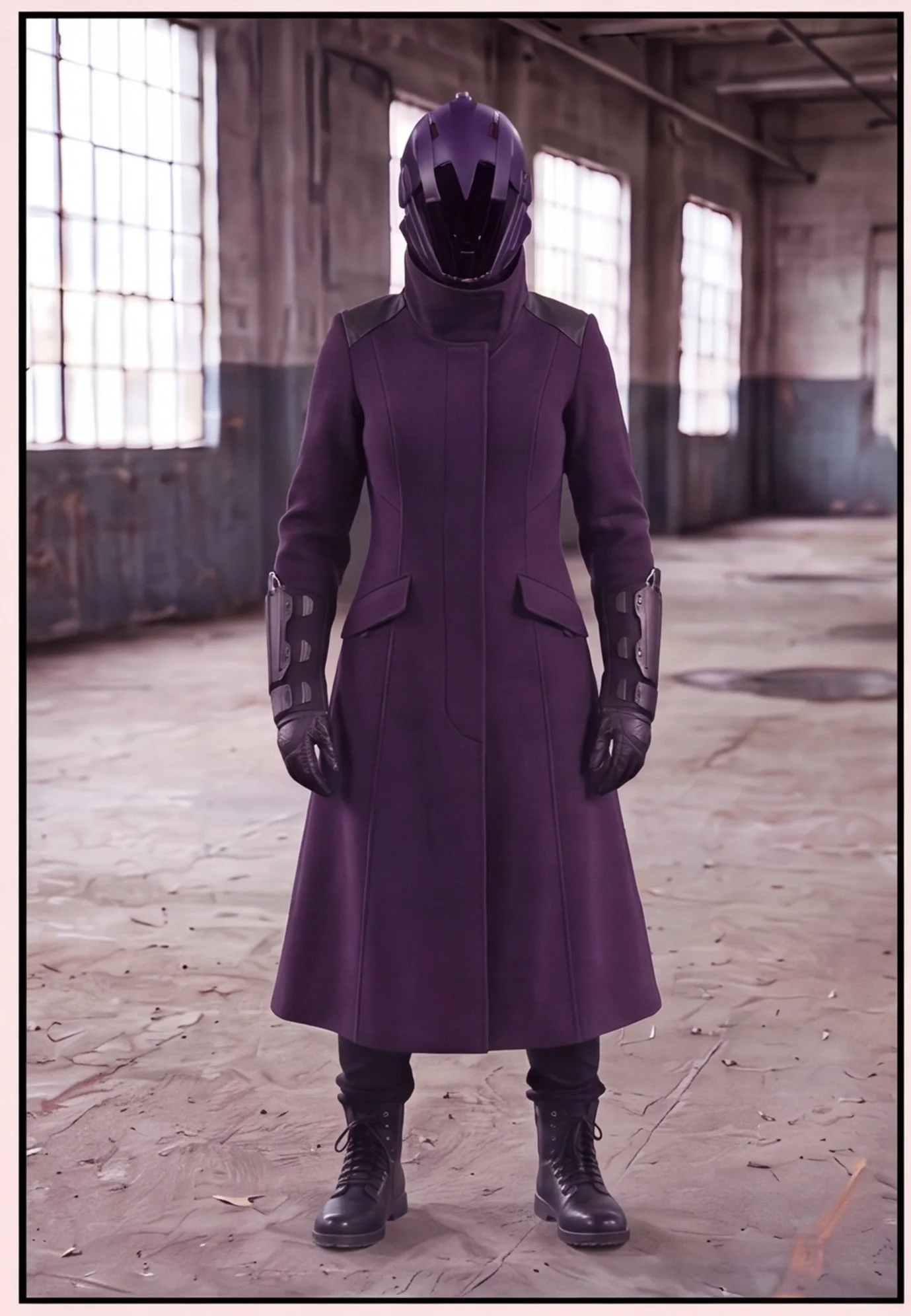 Person in futuristic combat uniform with a helmet, standing indoors with large windows and industrial walls.