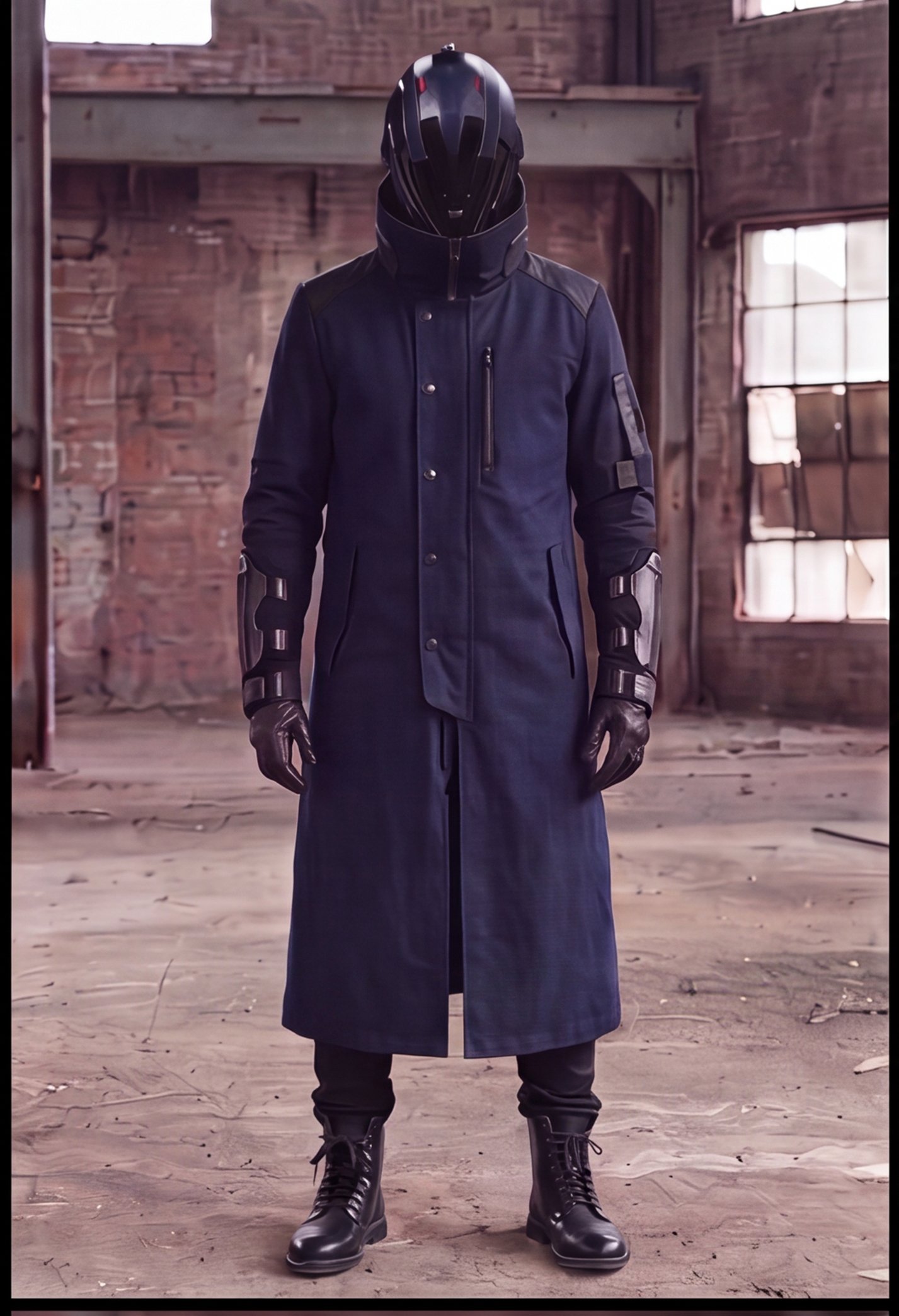 Person wearing a black motorcycle helmet, black gloves, a dark navy, long coat, and black combat boots standing in an abandoned, unfinished brick building with large windows and wooden beams.
