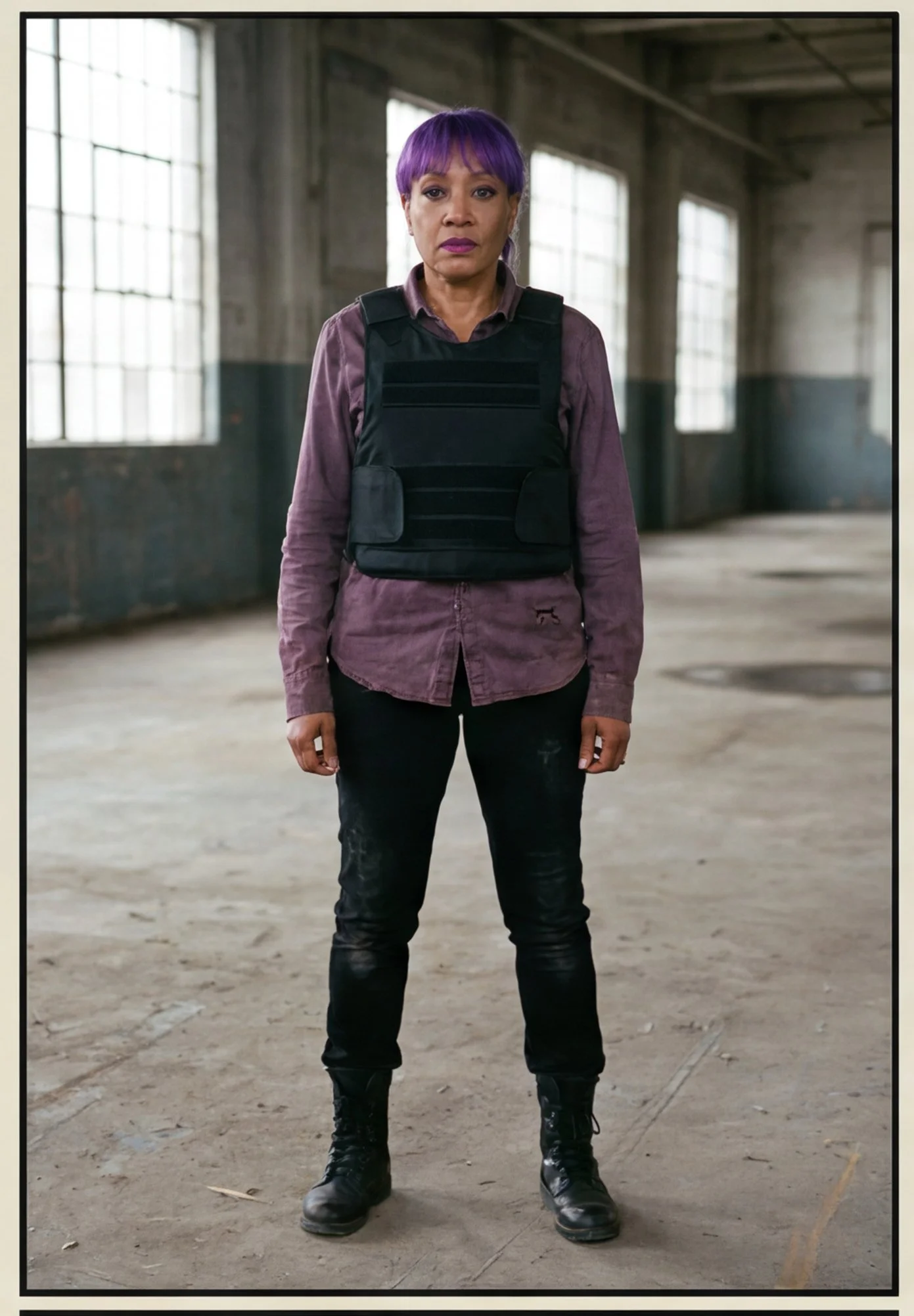 A woman with short purple hair standing in an abandoned industrial building wearing a tactical vest, purple shirt, black jeans, and combat boots.