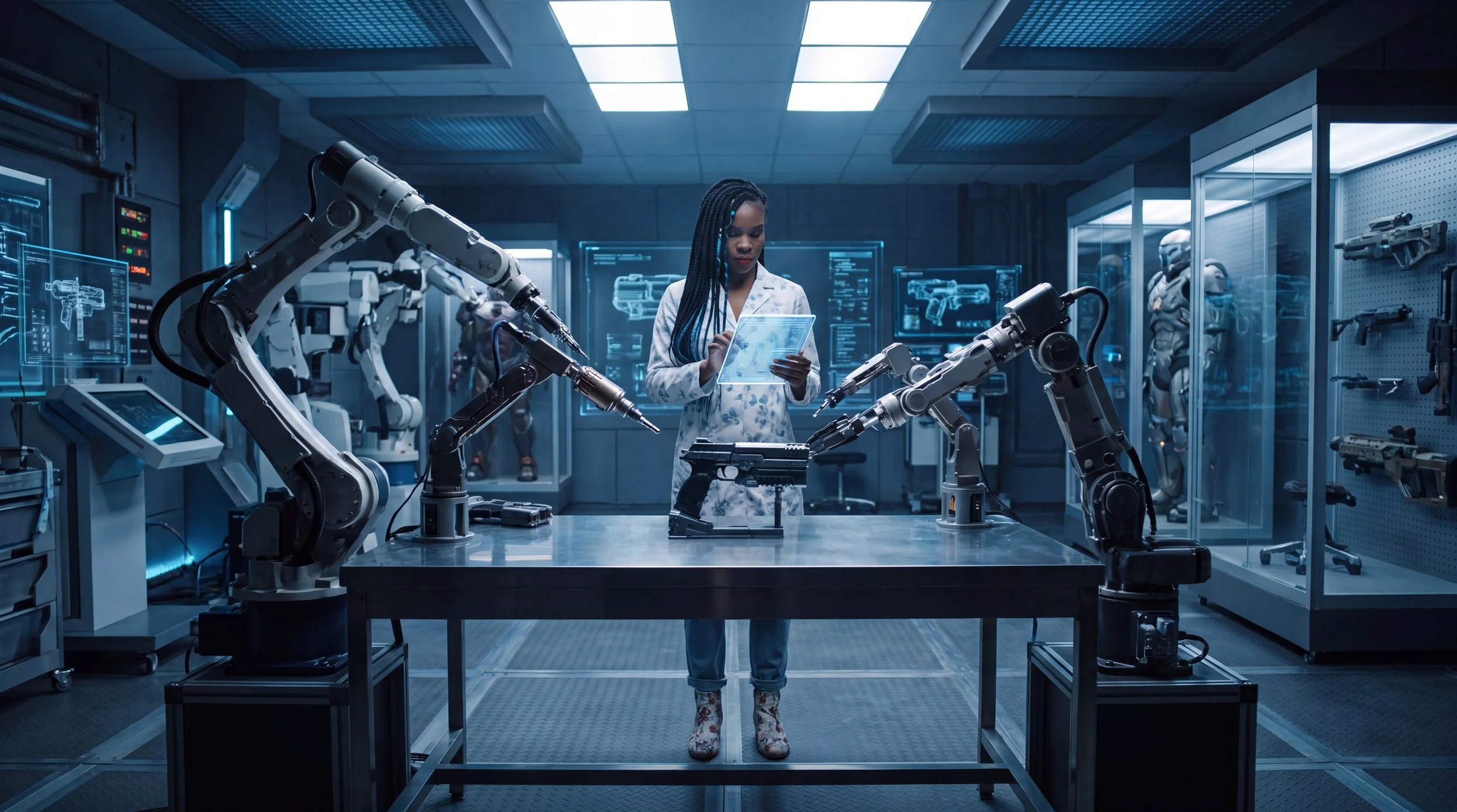 A woman in a white lab coat standing in a high-tech robotics laboratory, surrounded by robotic arms and digital screens displaying schematics and data, while holding a transparent tablet device.