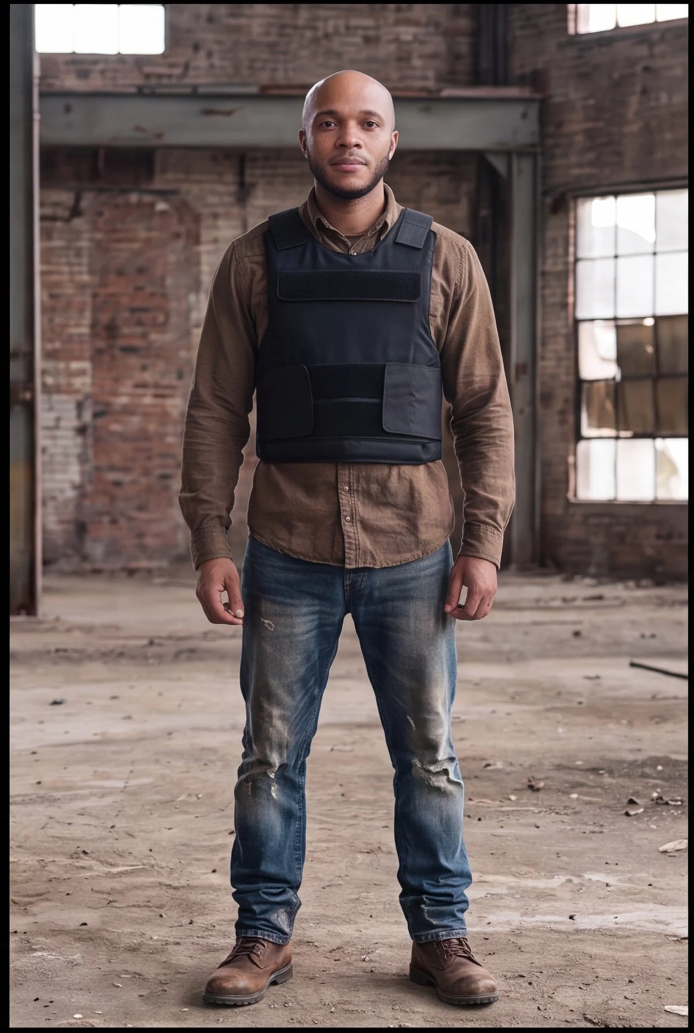 A man standing inside an industrial building with exposed brick walls, wearing a brown shirt, distressed jeans, brown boots, and a black protective vest.