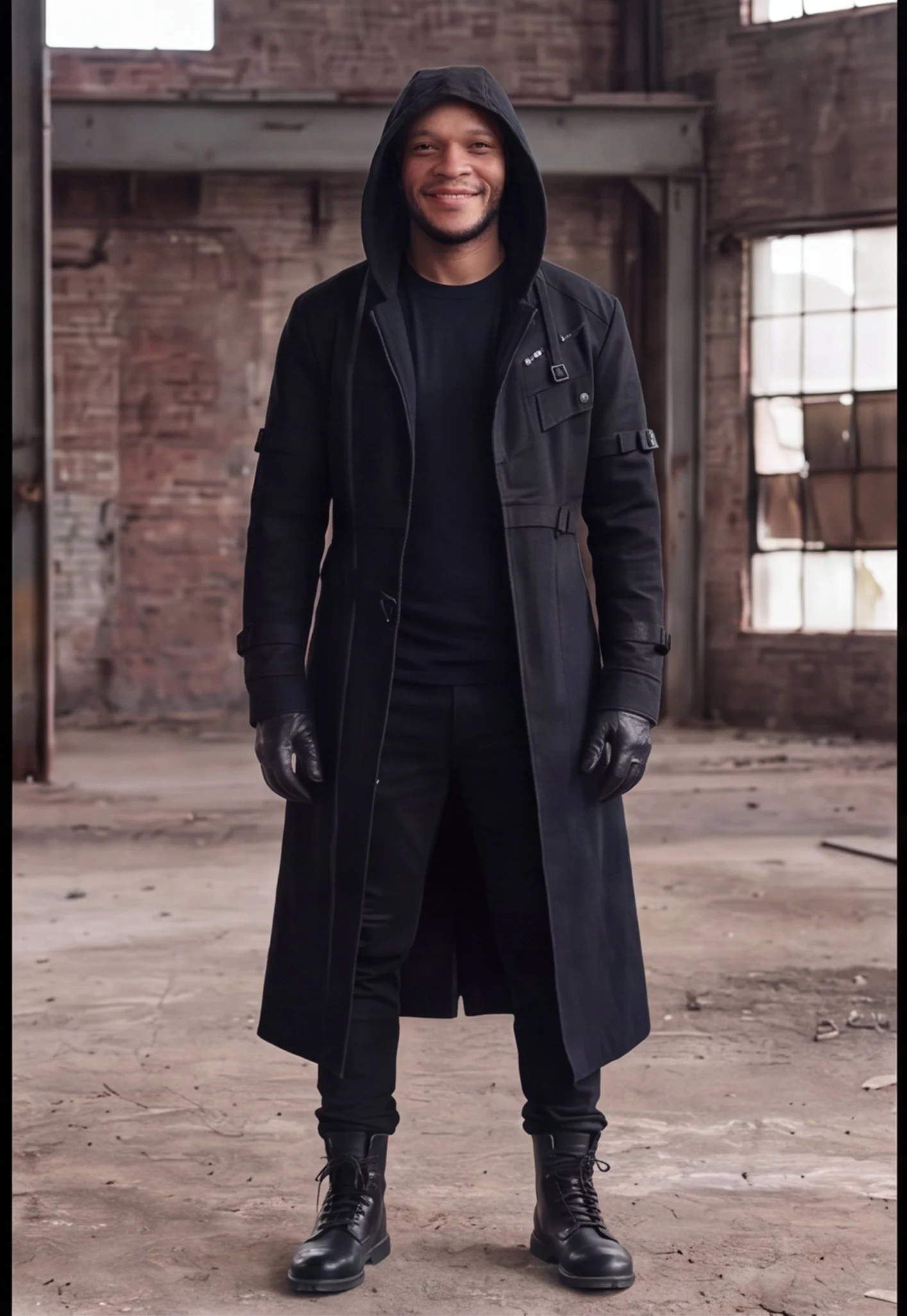 A man standing in an industrial space with brick walls and large windows, dressed in black clothing including a long coat, gloves, boots, and a hood, smiling at the camera.