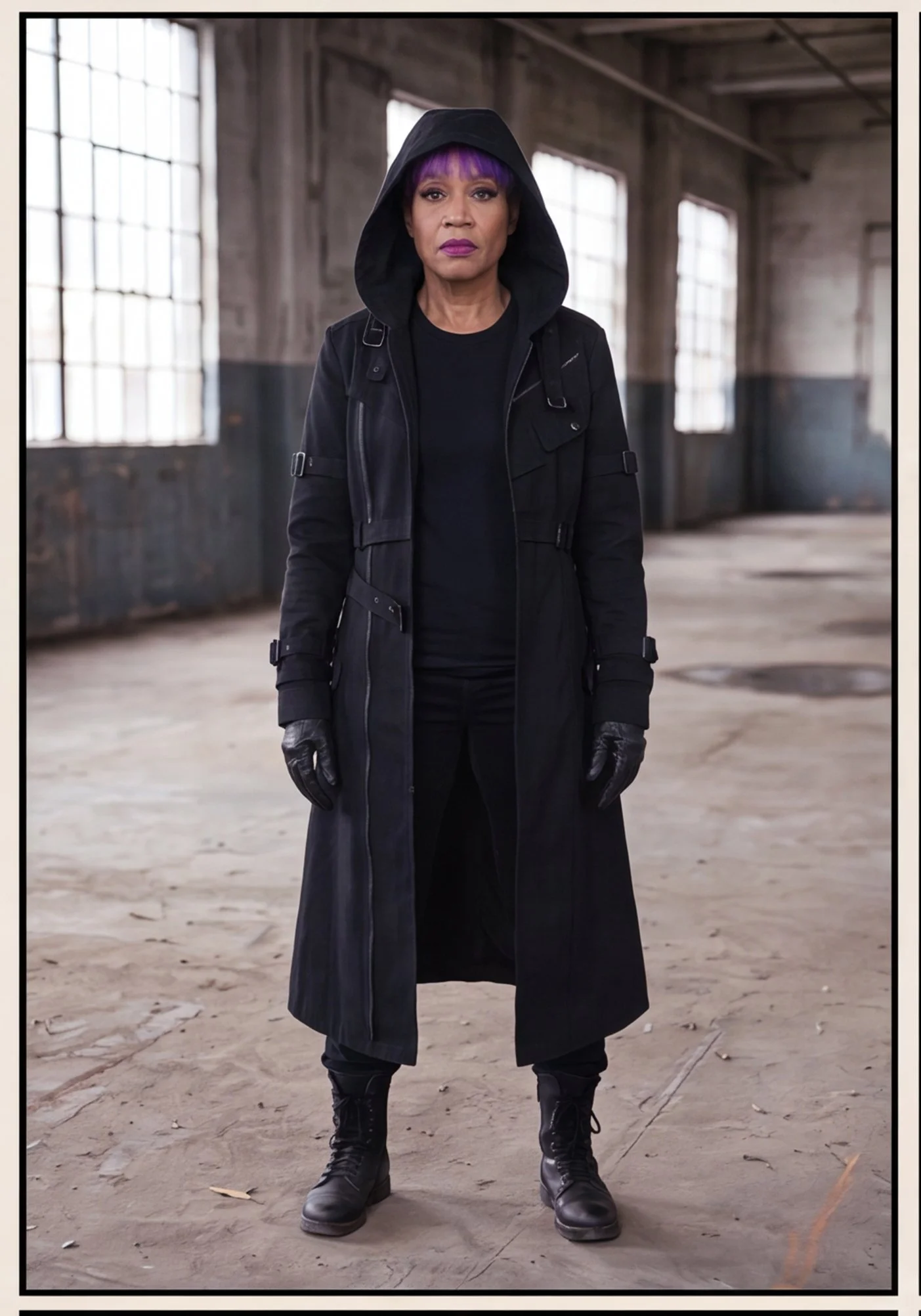 A woman with purple hair and makeup wearing a black hooded coat, black gloves, and boots, standing in an industrial-style room with large windows and a concrete floor.