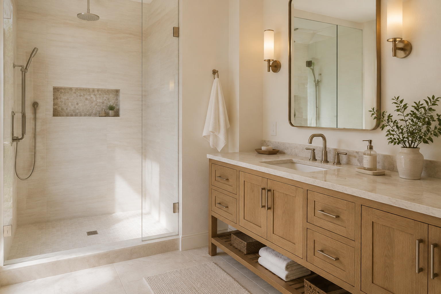 Modern bathroom renovation with updated tile, vanity, and fixtures