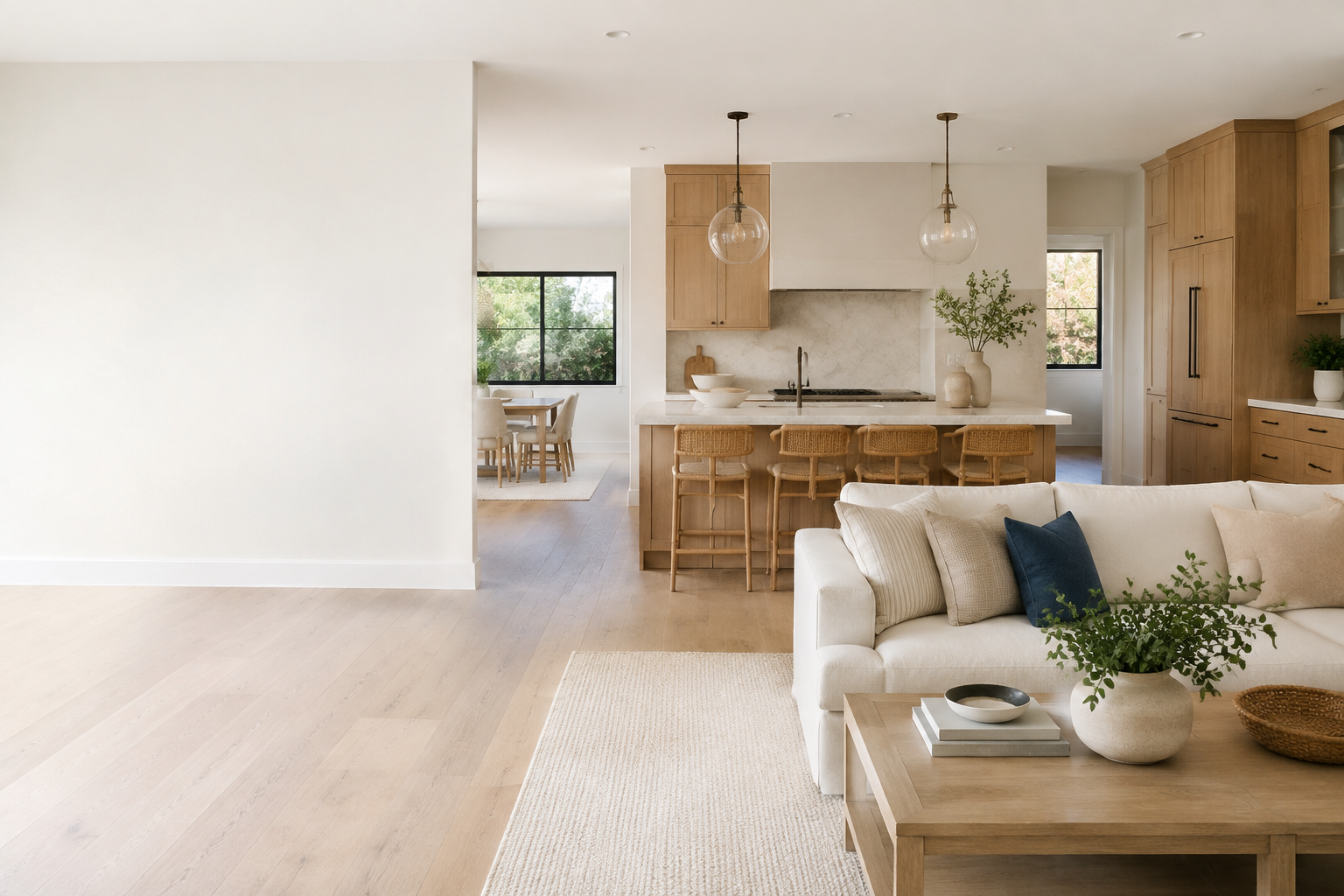 Bright modern open-concept kitchen and living room for a home remodeling project