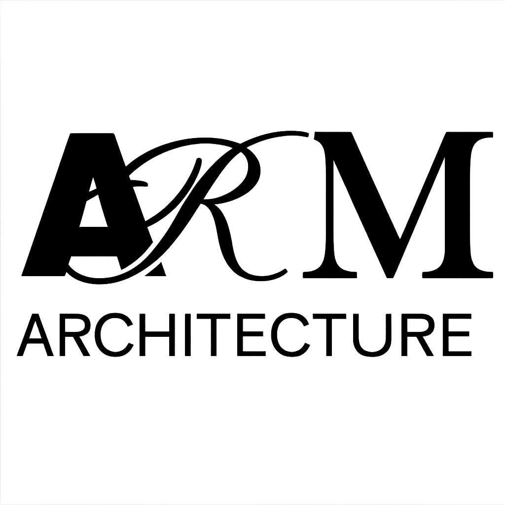 Logo of A R M Architecture with stylized text, featuring large capital letters and a decorative ampersand.