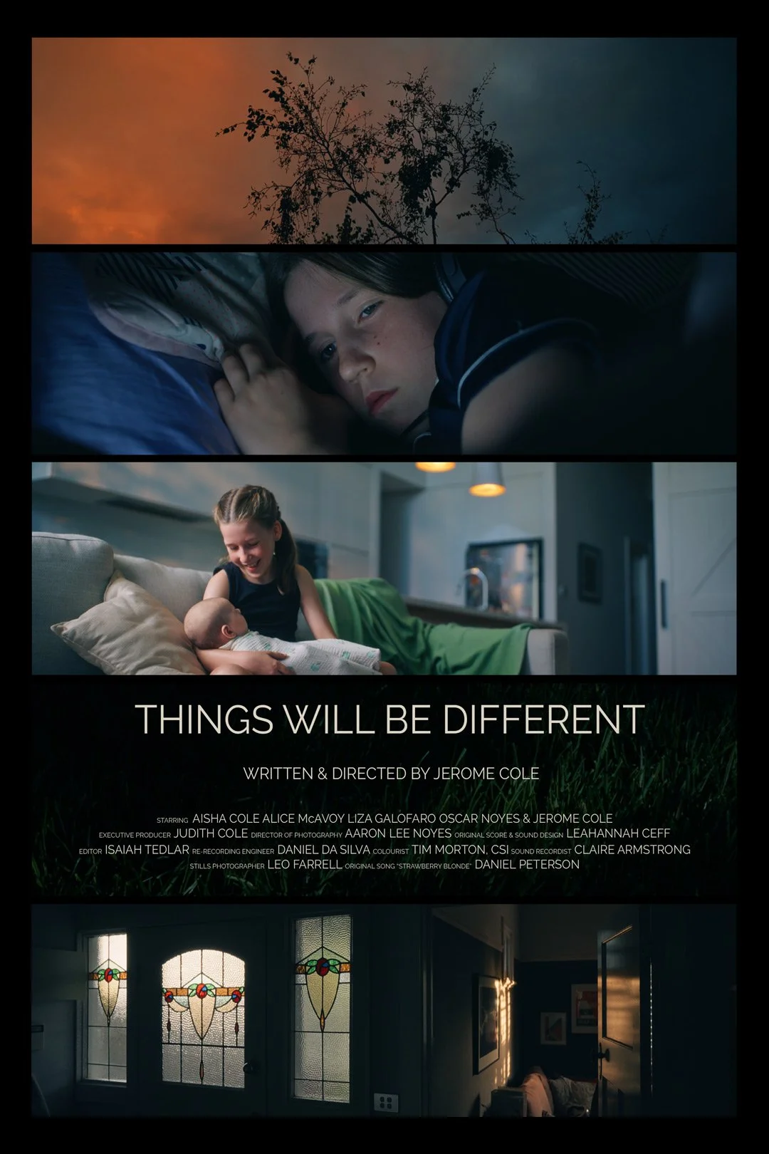 Poster for Things Will Be Different, featuring scenes from the film including a girl in bed, a girl holding a baby on a couch, and a room with stained glass windows and a tree at sunset.