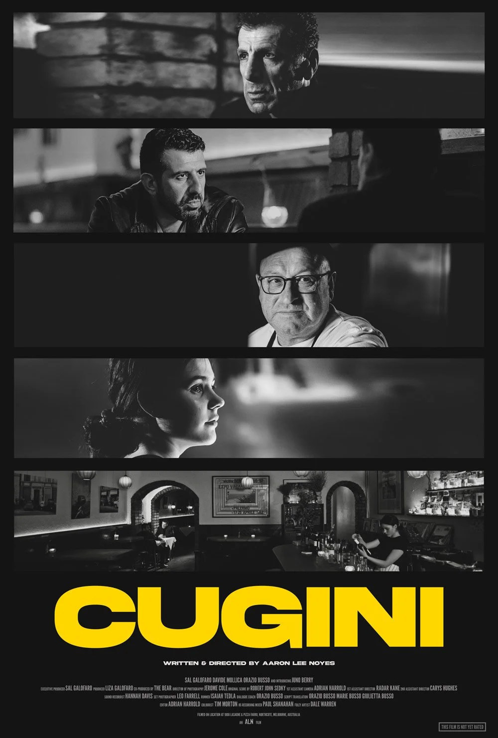 Black and white promotional poster for the film 'Cugin', showing five characters in a montage scene, including a woman at a bar, and a bar interior at the bottom.