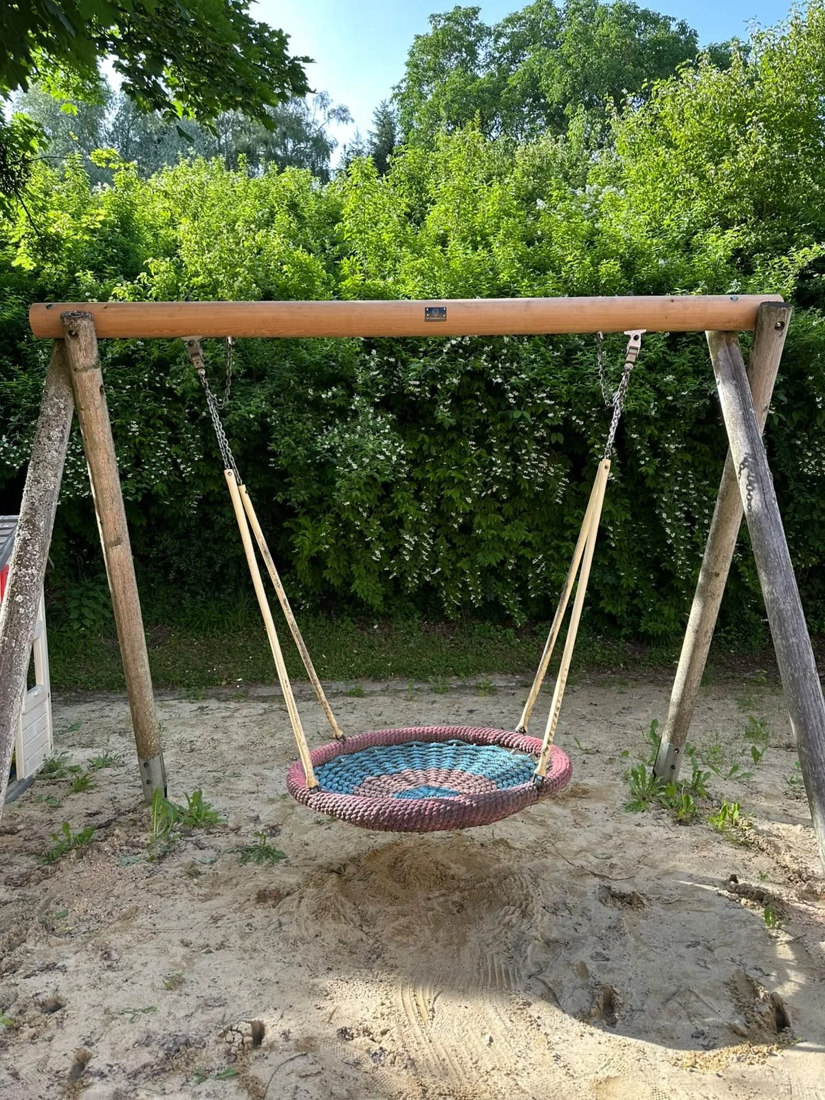 Ein Kinderschaukel in einem Garten mit Sandboden, umgeben von grünen Büschen und Bäumen, bei Tageslicht.