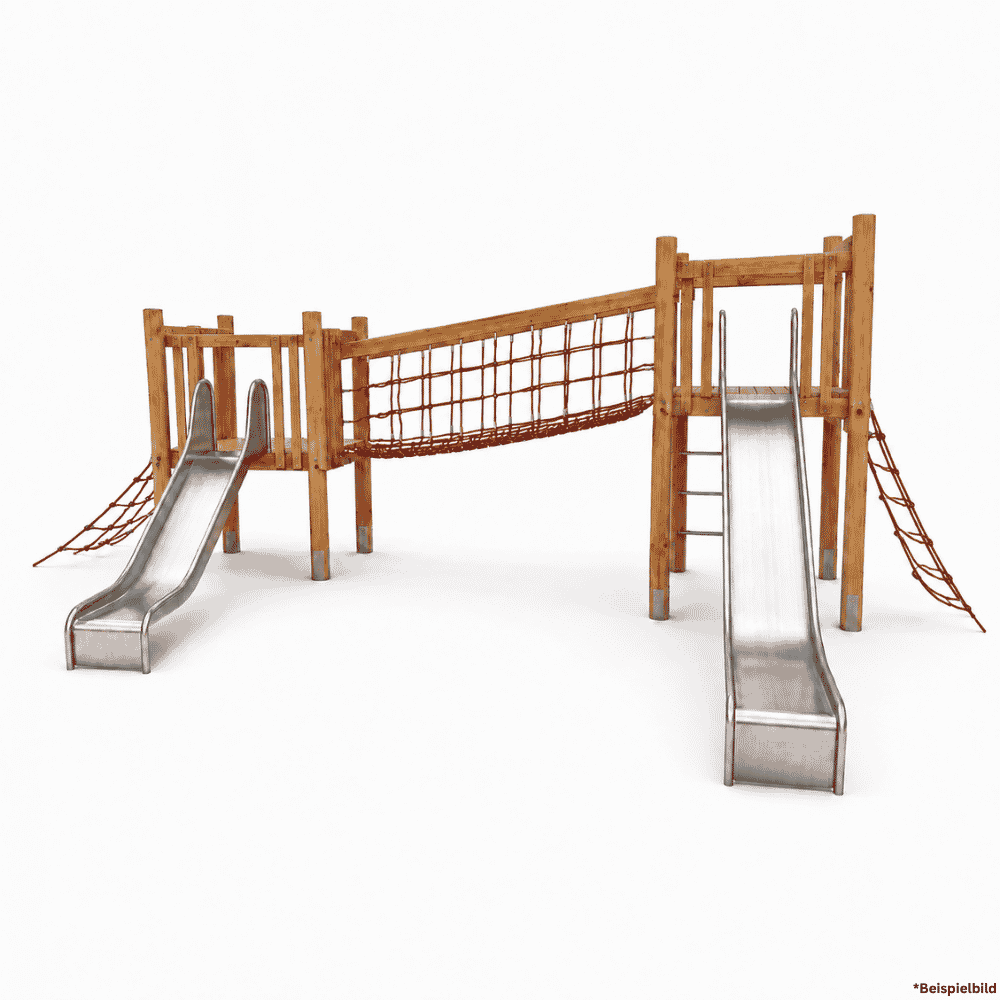 Spielkombination mit zwei Rutschen und Seilbrücke