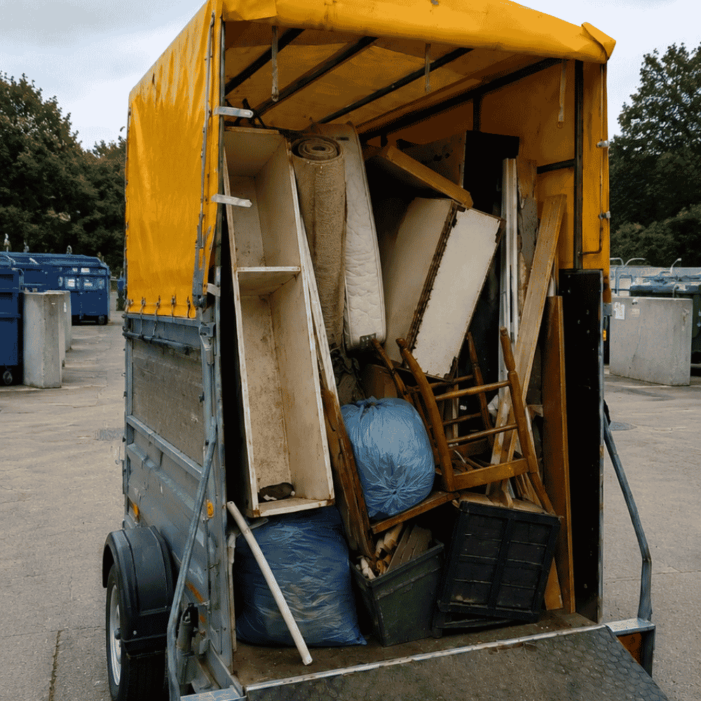 Müllcontainer auf einem Parkplatz, gefüllt mit alten Möbeln und Abfällen.