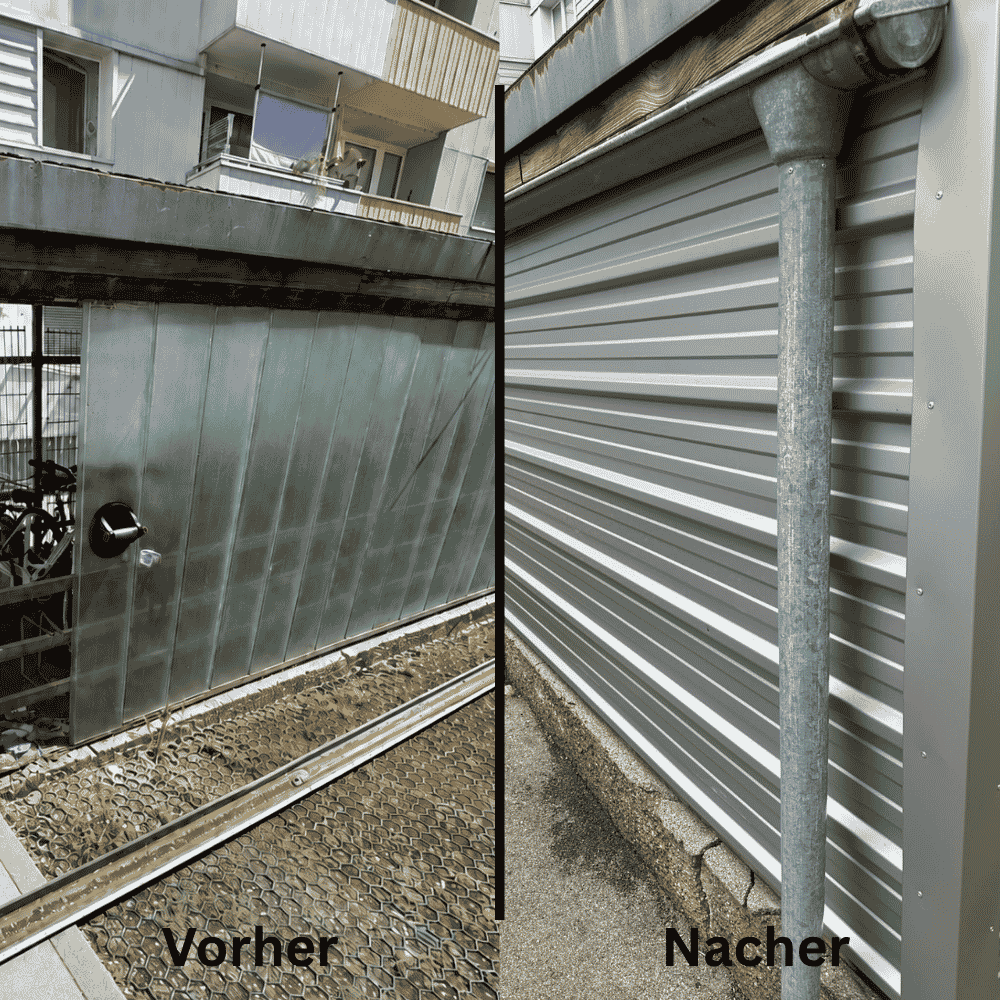 Vergleich eines alten und neuen Garagentores, links ein älteres Tor aus Metall mit Abnutzung, rechts ein modernes, neues Tor mit horizontalen Metalllamellen und einer Metallstütze.