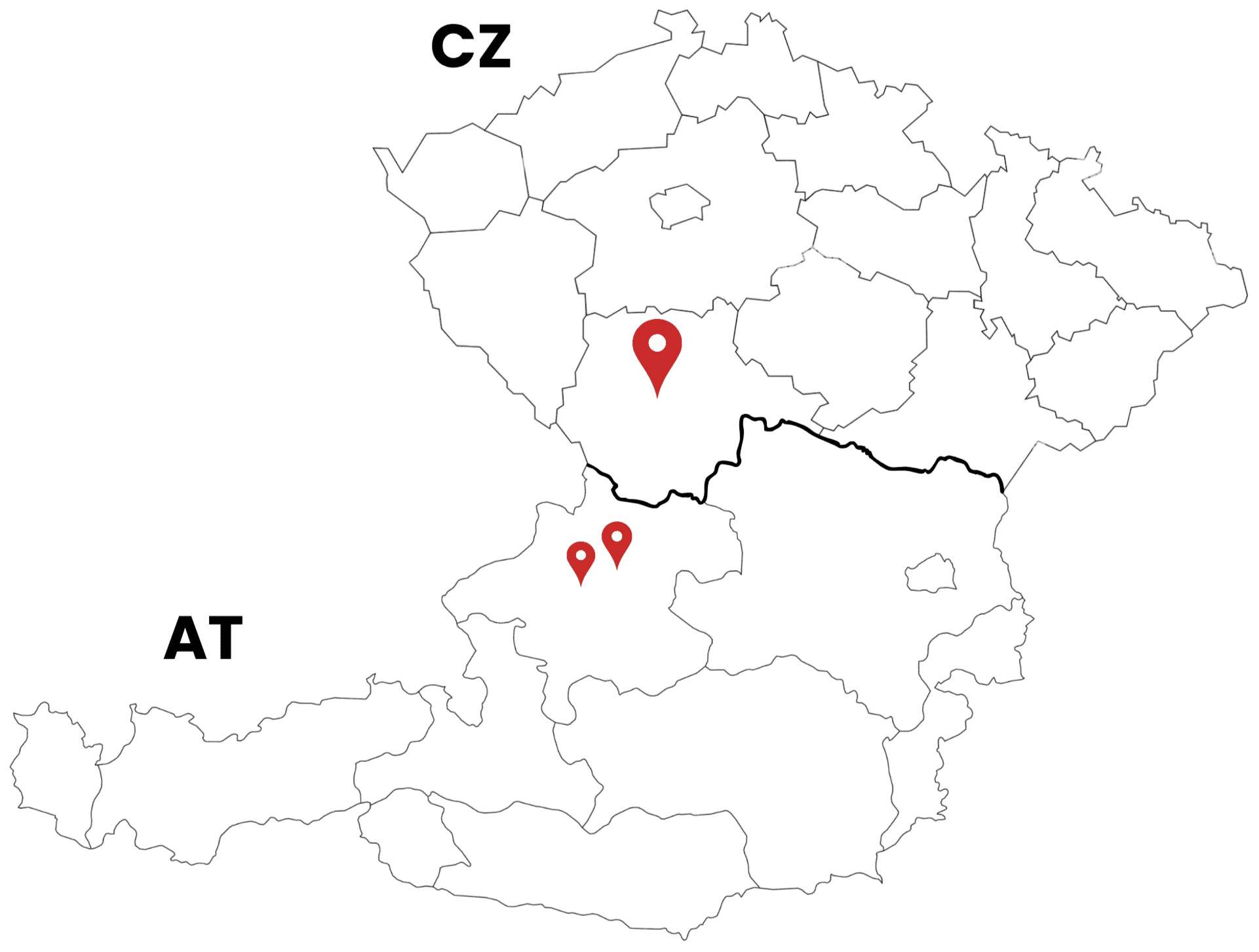 Kartenansicht Europas mit Markierungen in der Nähe von Tschechien und Österreich. Markierungen in Süden und Westen, Farbcodes für Regionen.