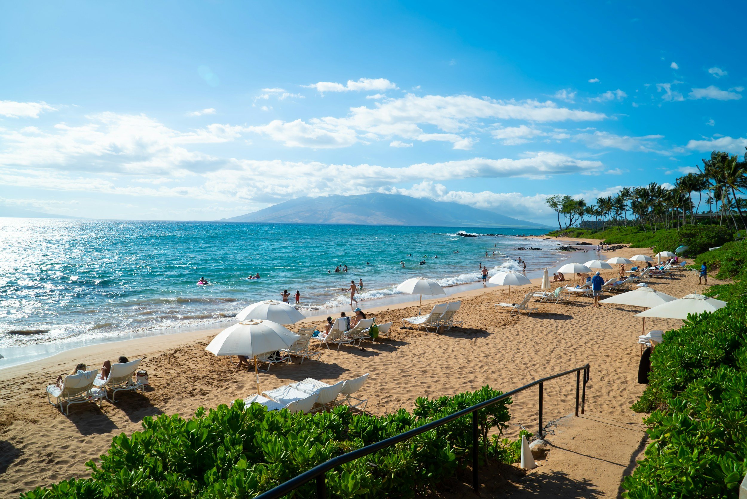 A sunny beach scene with people relaxing on lounge chairs under white umbrellas, swimming, and walking along the sandy shore, with a view of the ocean, palm trees, and a mountain in the background.