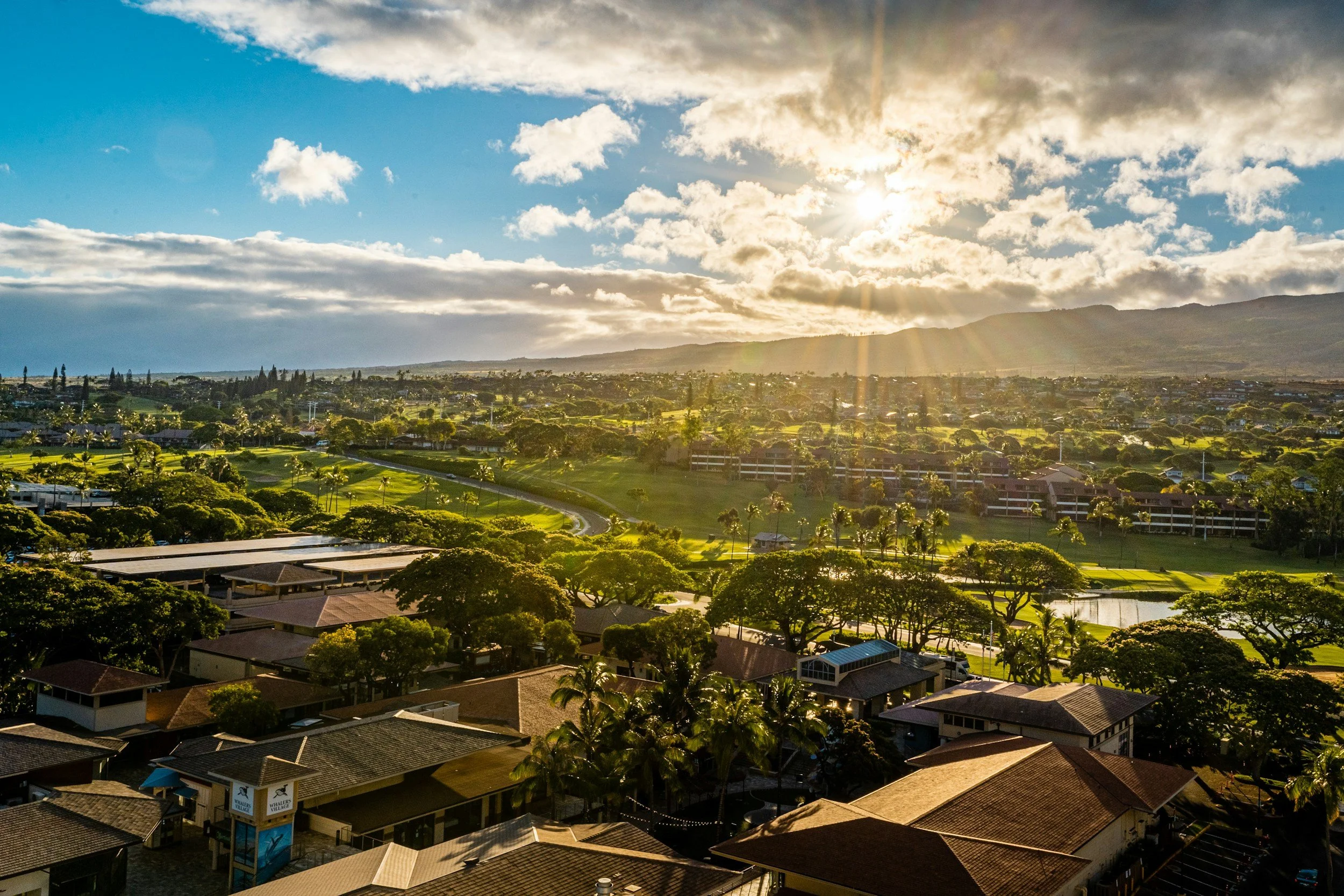 Sunlight breaking through partly cloudy sky above a residential area with houses, trees, and green fields.