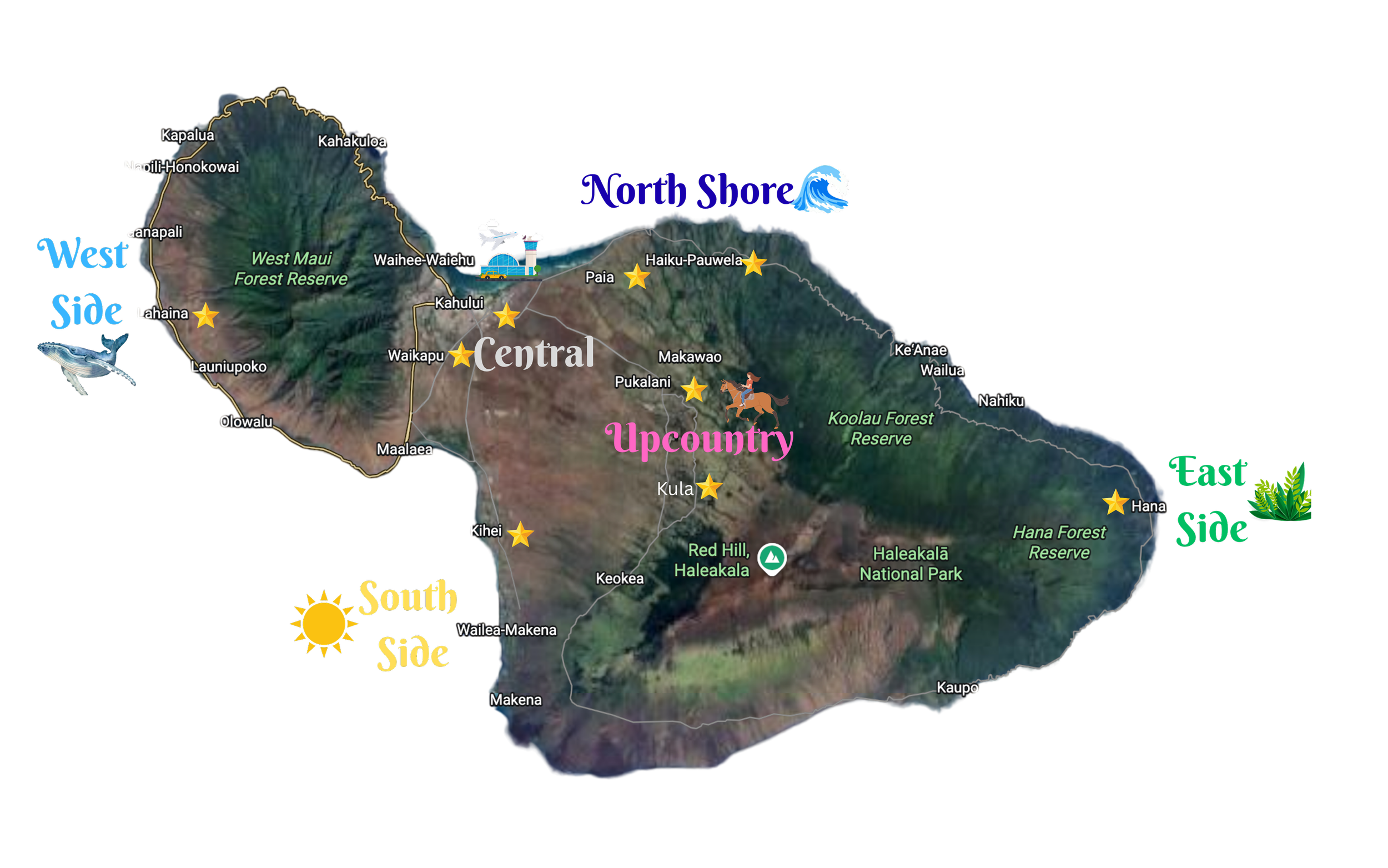 Map of Maui, Hawaii featuring labels for regions, cities, and natural reserves with icons representing transportation, nature, and tourism. Regions labeled include North Shore, Upcountry, South Side, East Side, and West Side, with highlighted spots marked by stars and symbols.