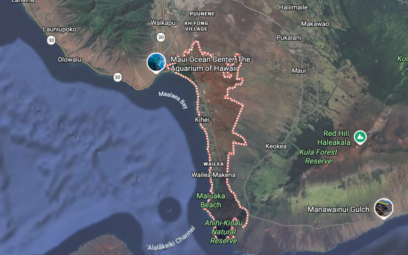 Map showing the route and locations around Maui, Hawaii, including Maui Ocean Center, Maalaea Bay, Kihei, Wailea, Maluaka Beach, Ahihi-Kinau Natural Reserve, and the Kula Forest Reserve, with a marked trail around the area.
