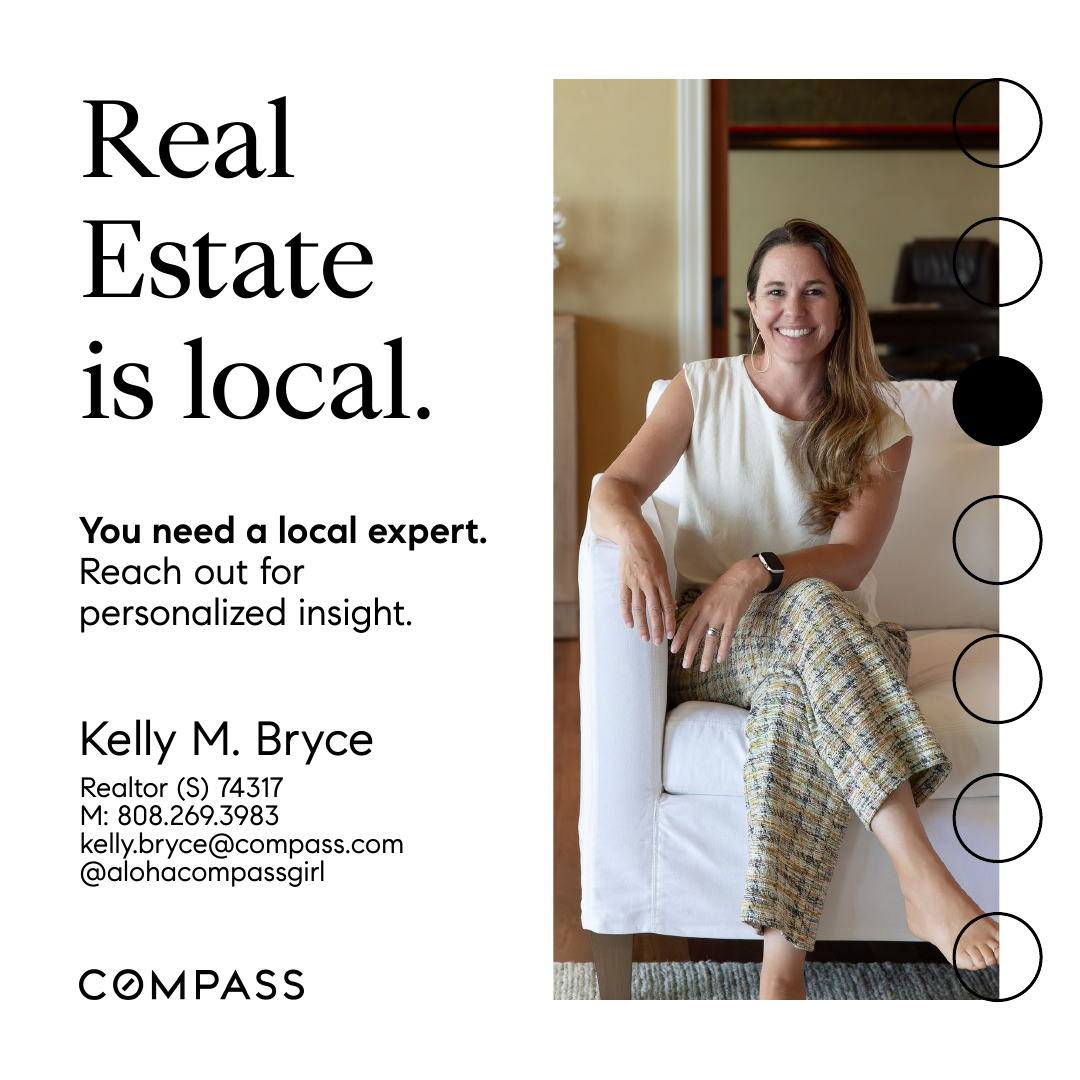 Real estate advertisement featuring a smiling female realtor sitting on a white couch, with contact information and the phrase 'Real estate is local' on the left side.