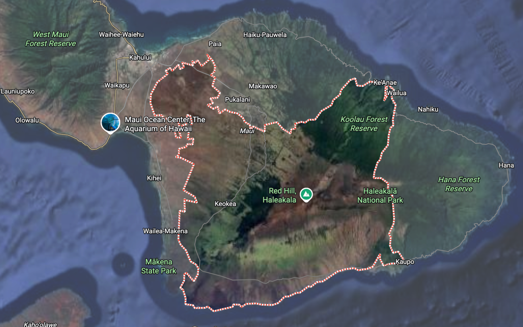 Map of Maui, Hawaii with marked trail routes, highlighting locations such as Maui Ocean Center, The Aquarium of Hawaii, Haleakalā National Park, and various towns and parks, overlaid on satellite imagery showing terrain and vegetation.
