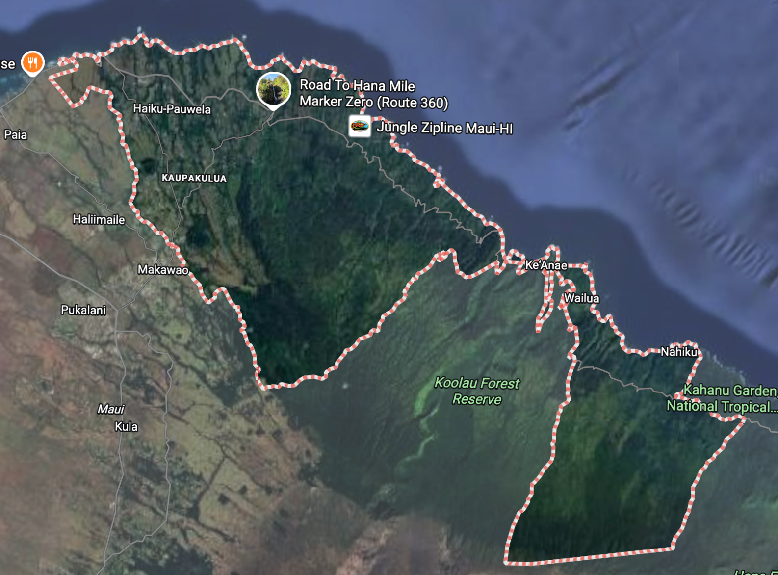 Map showing a hiking trail through the Koolau Forest Reserve on the Hawaiian island of Maui, with notable stops labeled, including Ke'Anan, Wailua, Nahiku, Hana, and Kaupakulua.