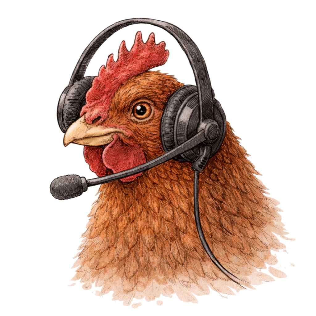 A rooster wearing a black headset with a microphone.