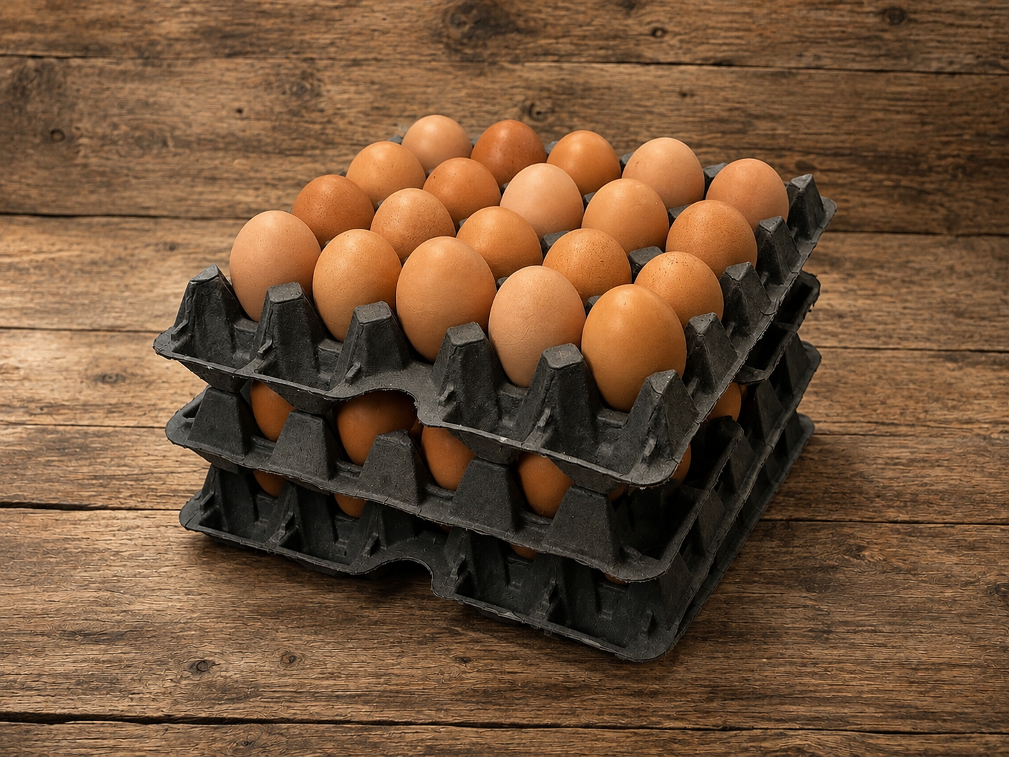 Stacked black egg cartons filled with brown eggs on a wooden surface.