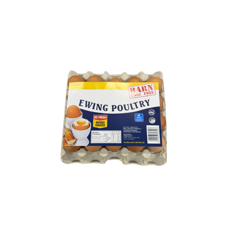A carton of 20 fresh mixed grade eggs from Ewing Poultry, labeled as barn cage free, with an image of a boiled egg and a piece of toast on the packaging.