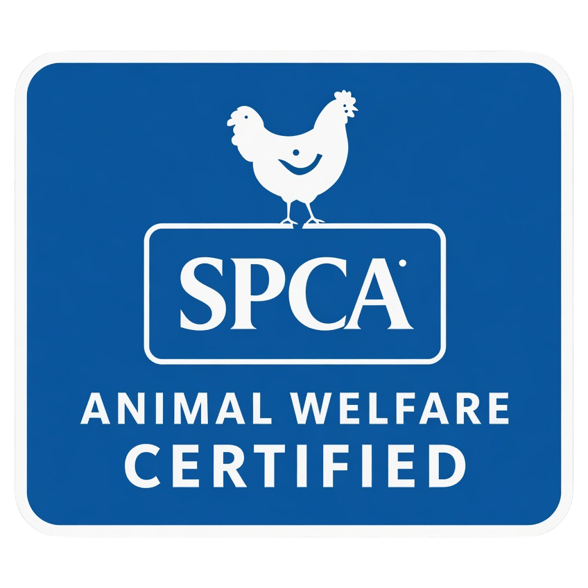 Blue sign indicating SPCA animal welfare certified, featuring a cartoon chicken with a smiling face.