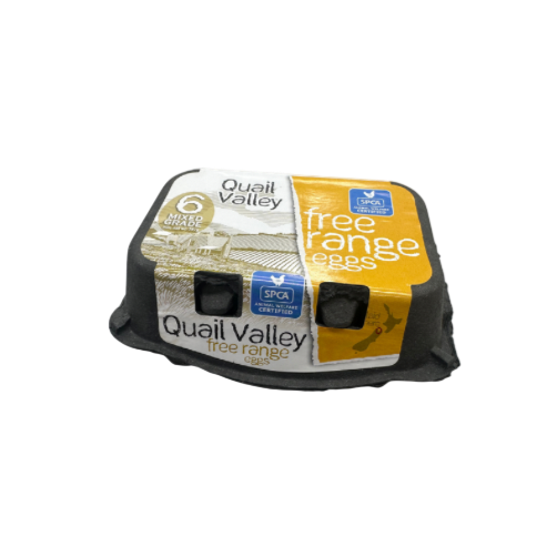 A carton of Quail Valley free-range eggs with a mix of white and brown eggs, with an SPCA certification label on the packaging.