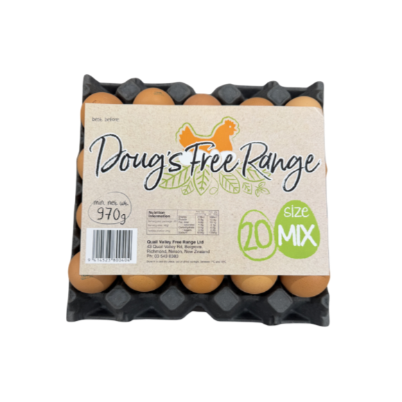 Eggs in a black tray with a paper label from Doug's Free Range, size mix, 970 grams.