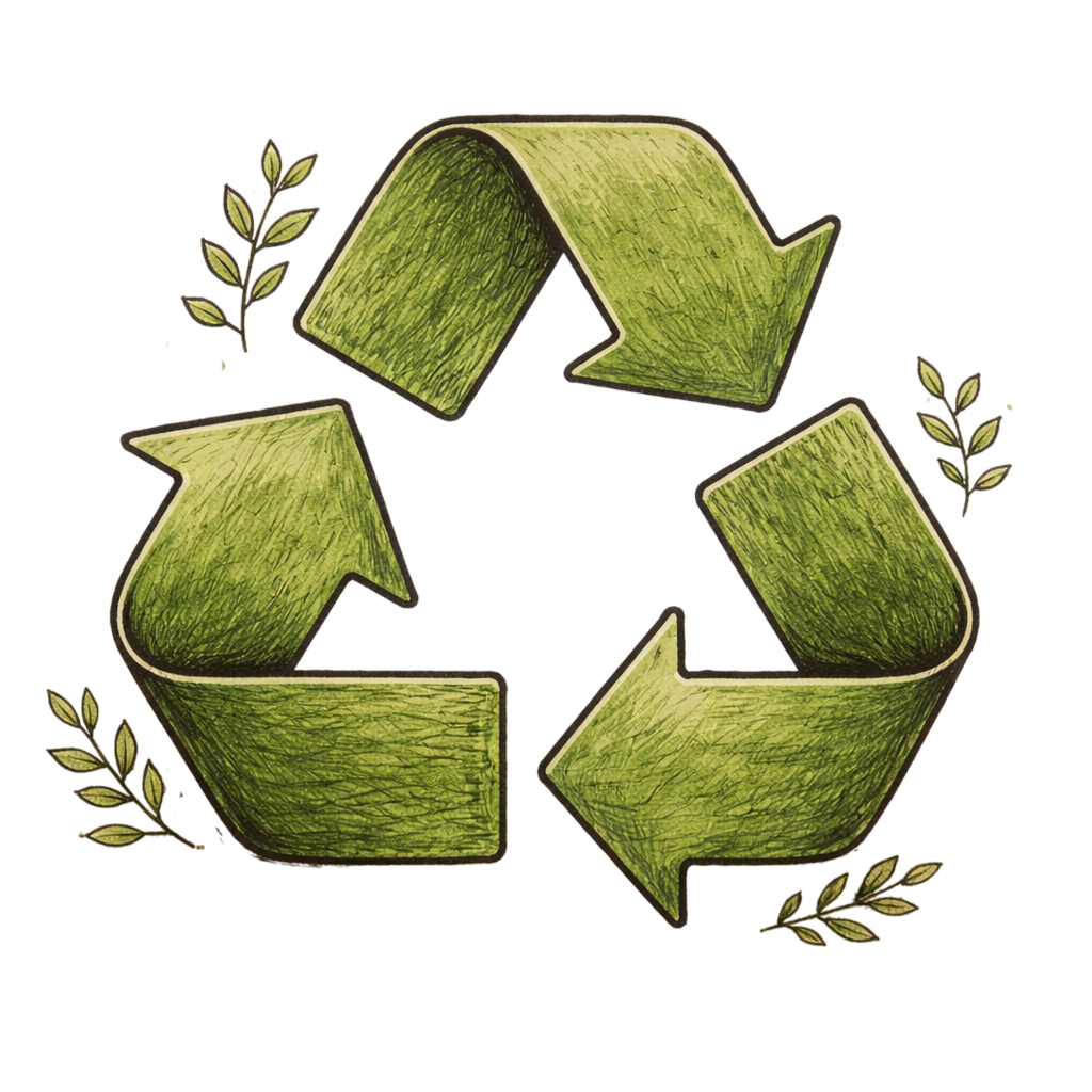 Illustration of a green recycling symbol surrounded by small olive branches on a black background.
