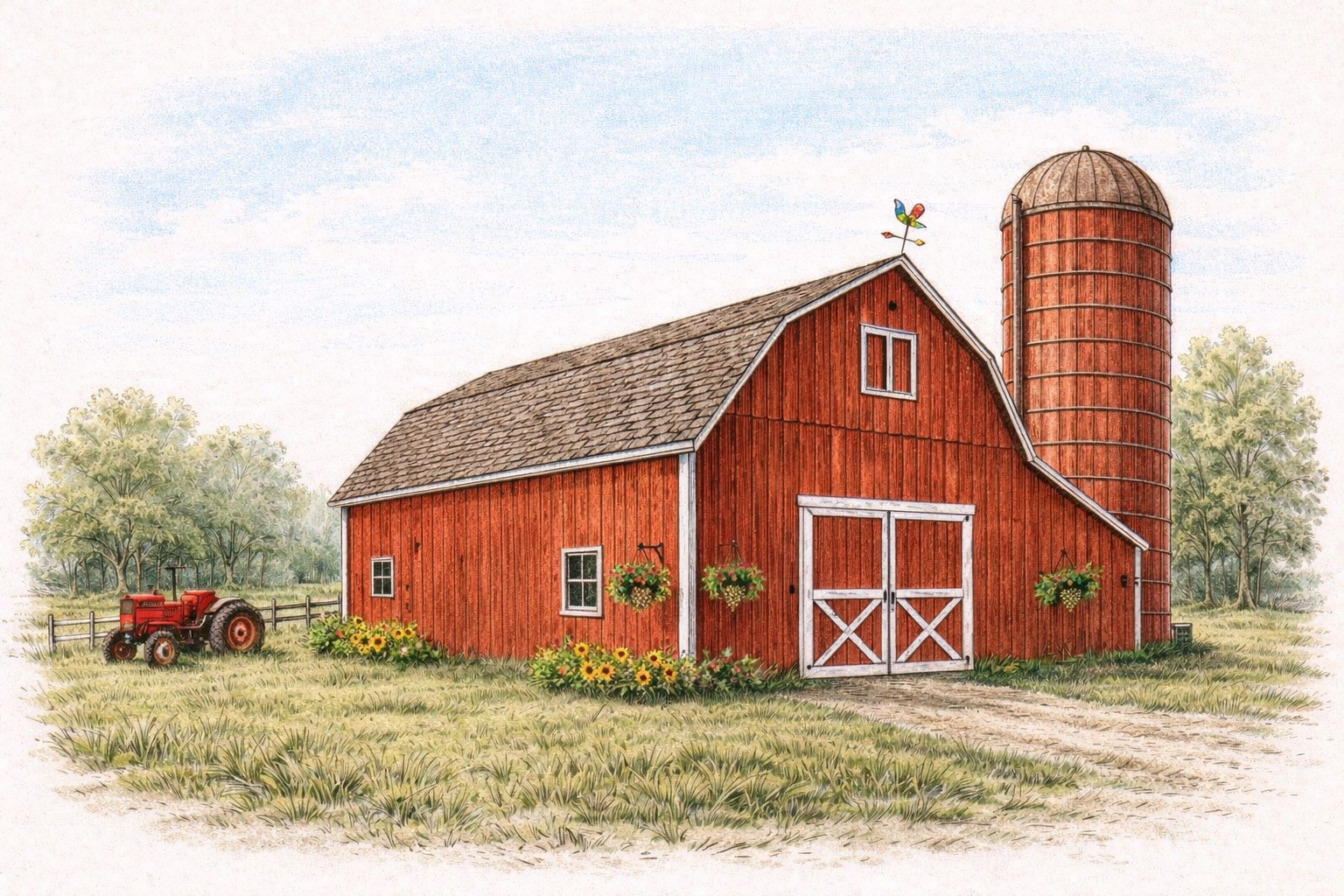 A red barn with white trim, flowers hanging on the sides, a silo in the background, a dirt driveway, and a tractor parked on the grass in a rural farm setting.
