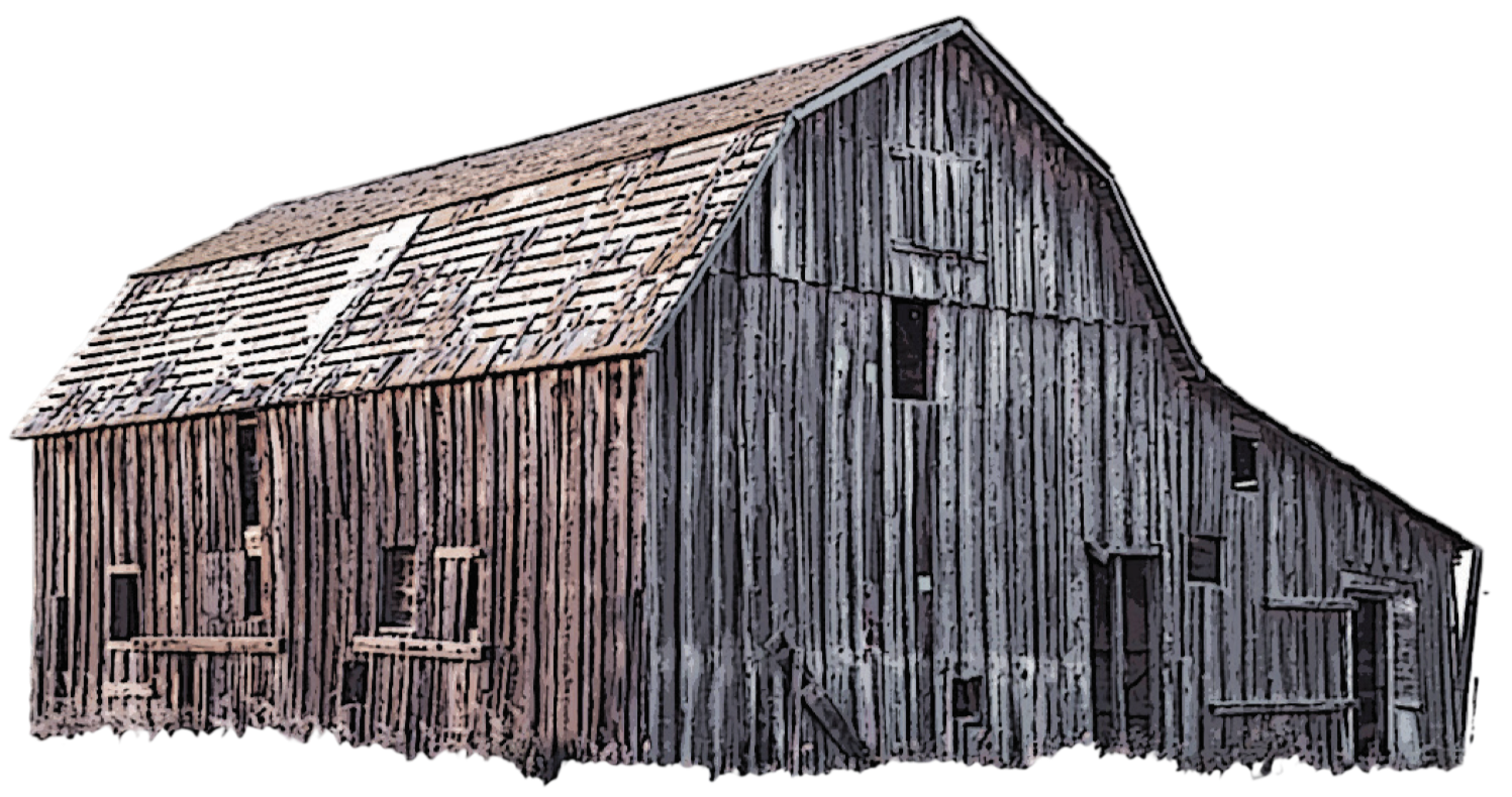 Old weathered barn made of vertical wooden planks with a pitched roof and small windows.