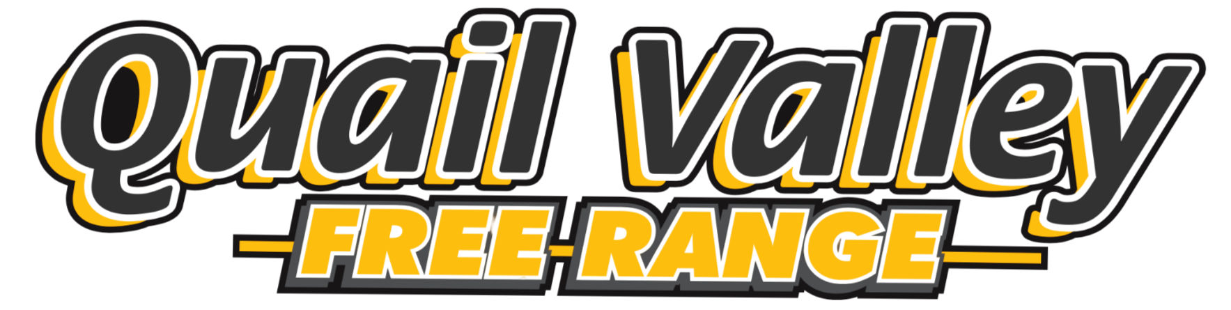 Text graphic that says "Quali Valey - Free Range" in bold, stylized black and orange lettering with a shadow effect.