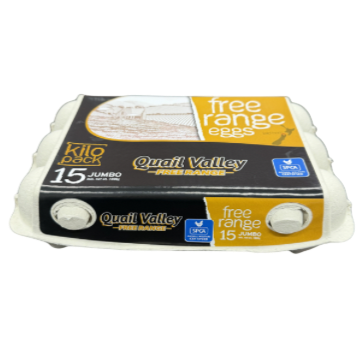 Egg carton labeled "Quail Valley Free Range Eggs" with 15 jumbo eggs inside.