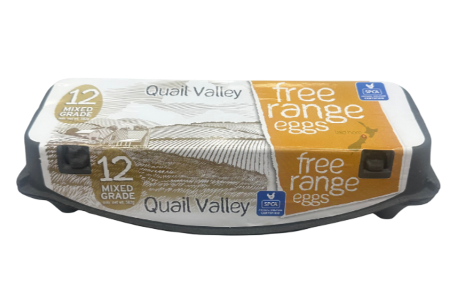 Carton of 12 Quail Valley mixed grade free-range orange eggs from SPCA certified farm.