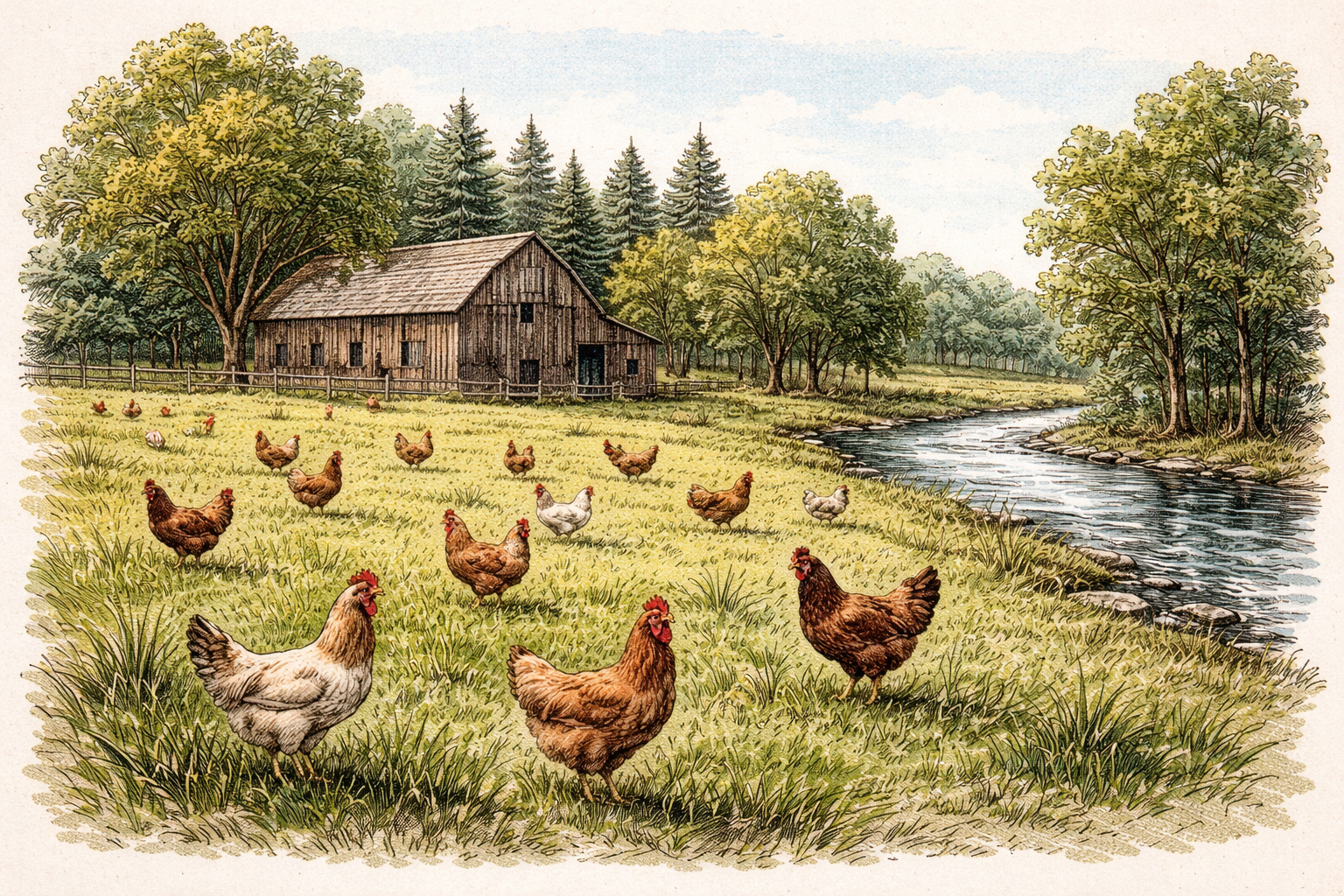 A farm scene with a wooden barn, chickens in the foreground, trees, and a flowing river.