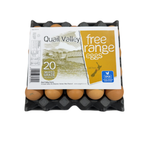A carton of Quail Valley free-range eggs with 20 mixed-grade eggs, in a black plastic egg tray.